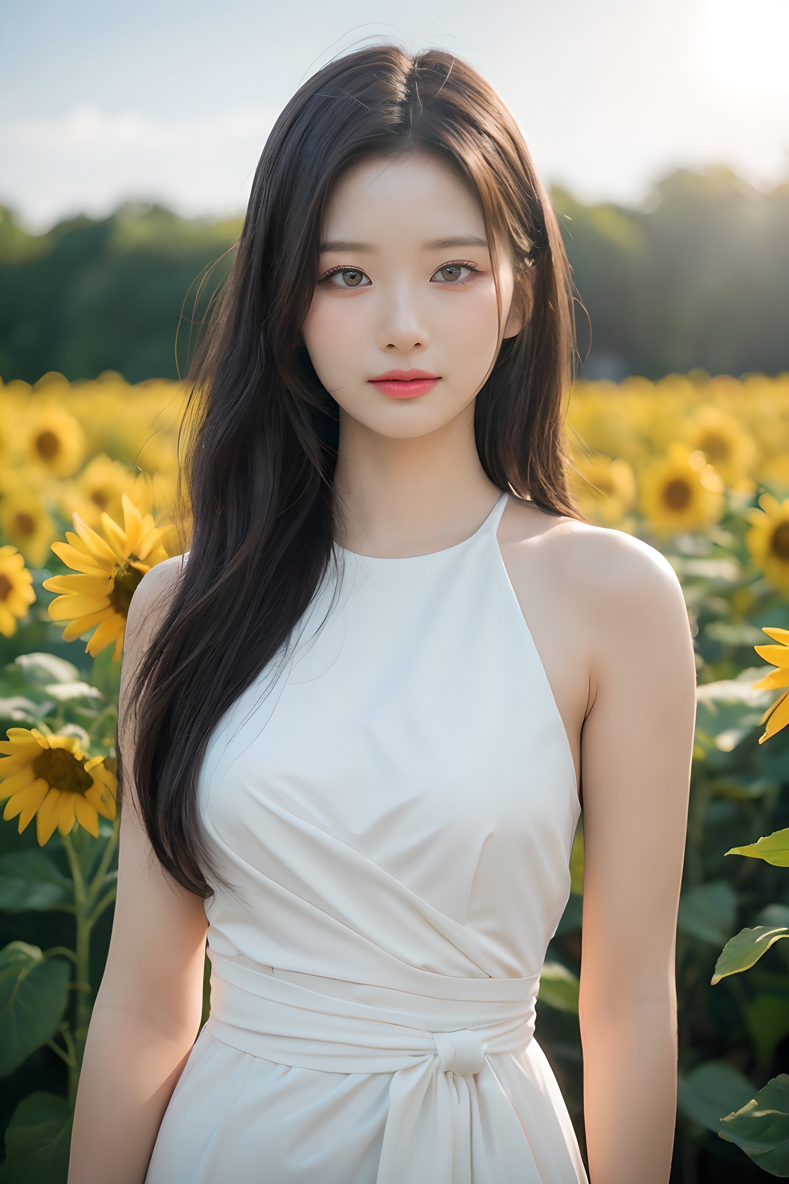 (mature body), (upper body:1.5), nikon RAW photo,8 k, Fujifilm XT3,masterpiece, best quality, realistic, photorealistic, ultra detailed, extremely detailed face, solo,1girl, standing, fashionable and trendy atmosphere, and a stylish expression on her face, close up, (narrow waist), white dress on field of sun flowers,