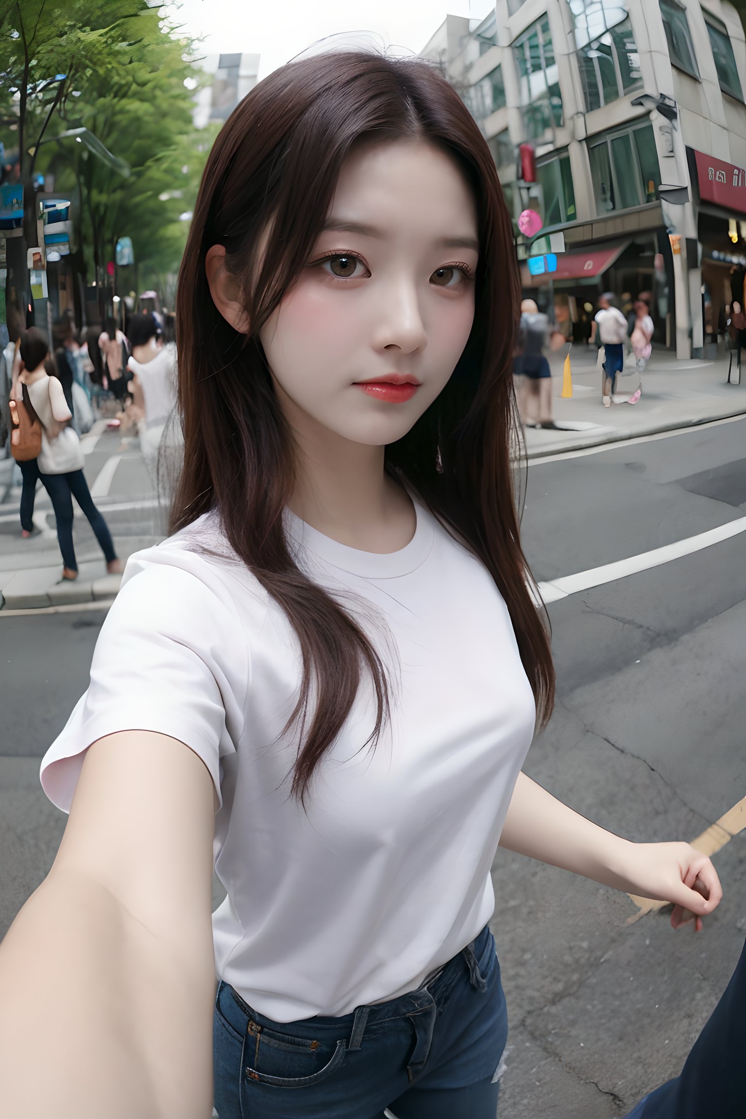 (fisheye view), 1girl, solo, white t-shirt, (pov:1.35), mature body, long hair, walking, public street,