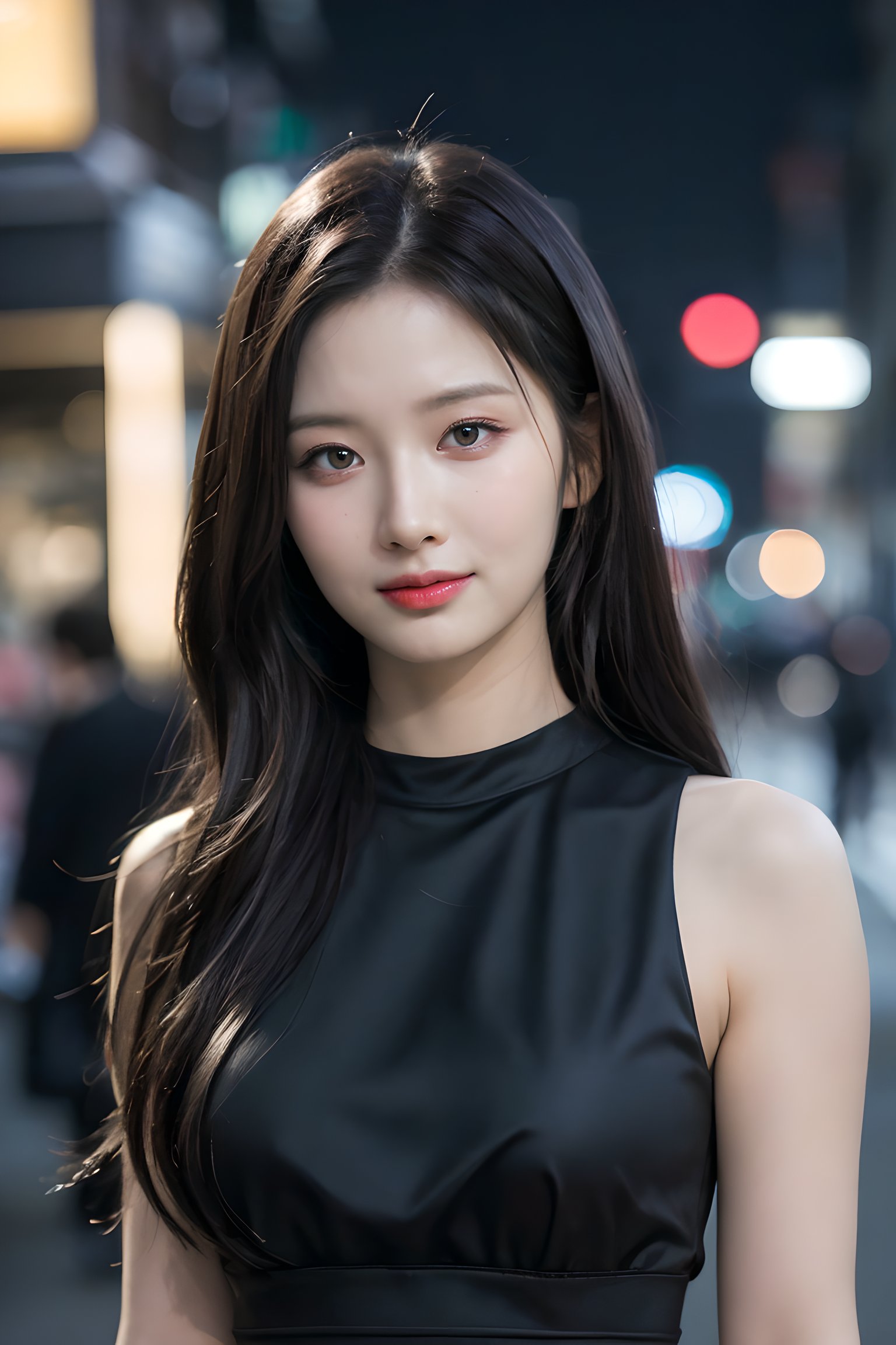 ((upper body:1.2), nikon RAW photo,8 k, Fujifilm XT3,masterpiece, best quality, realistic, photorealistic, ultra detailed, extremely detailed face, small smile, solo,1girl, standing, fashionable and trendy atmosphere, and a stylish expression on her face, close up, (narrow waist), black dress, walking, at the dark streets, moonrise, sleeveless, fabric clothes, big tits,