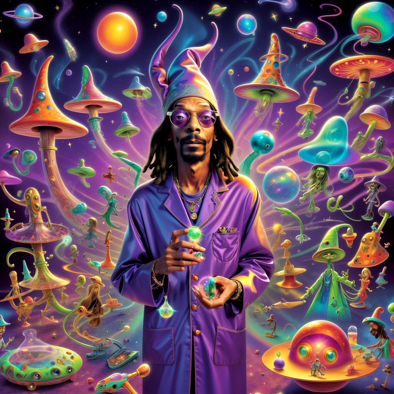 (snoop dog:1.15) dressed as wizard conjure technicolor spells, aliens experiment with bizarre contraptions, and a girl enters a whimsical trance. Everything warps into surreal caricatures as they journey through LSD-inspired realms. Mushroom-shaped planets, giggling stars, and neon gecko set the stage for their psychedelic escapade,crazy wide open eyes,in style of(bangerooo:1.15), ,