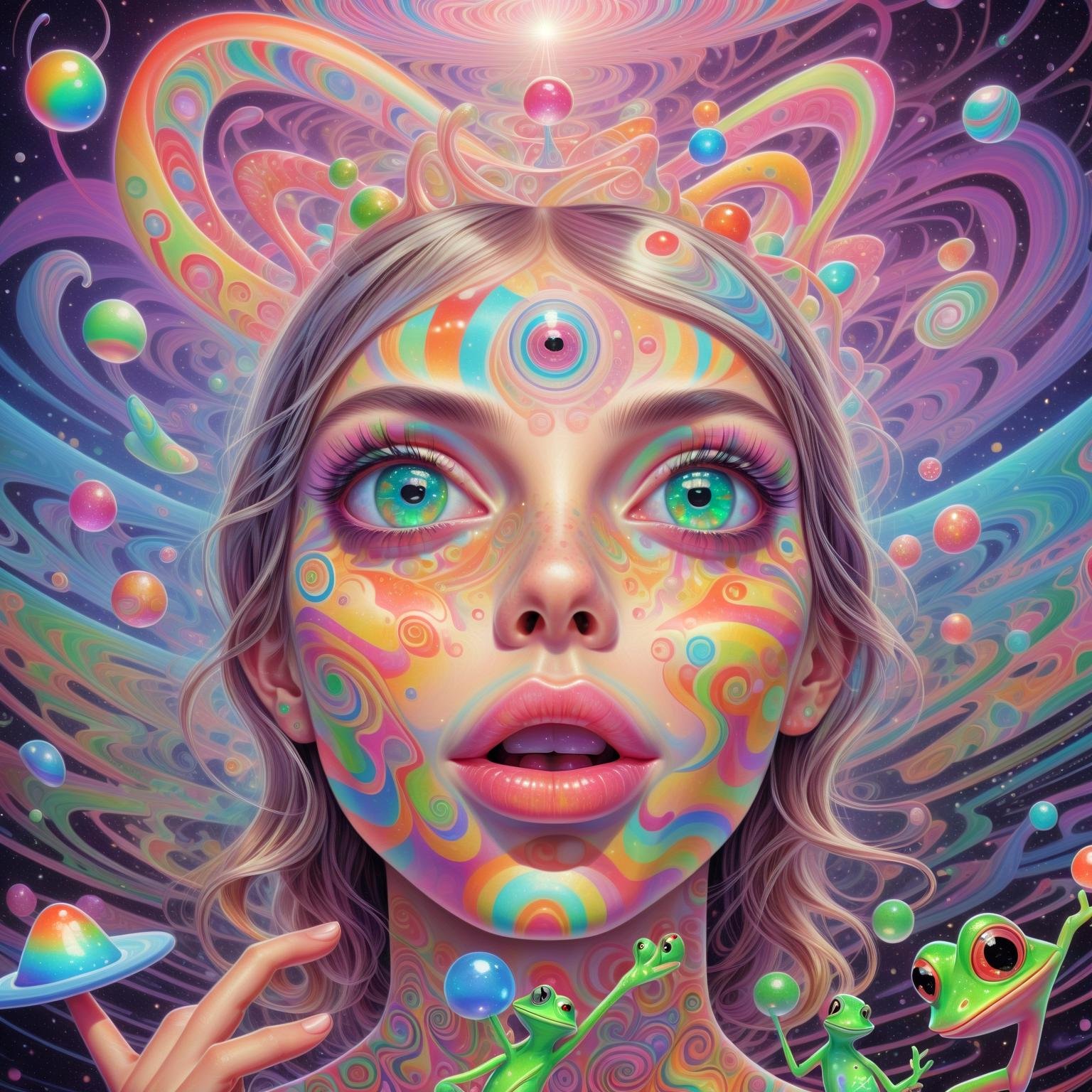 A girl with sparkling eyes balances a sugar cube on her extended tongue. Psychedelic patterns swirl around her as aliens and frogs glide in harmonious dance through the LSD-infused sky.,in style of(bangerooo:1.15), ,