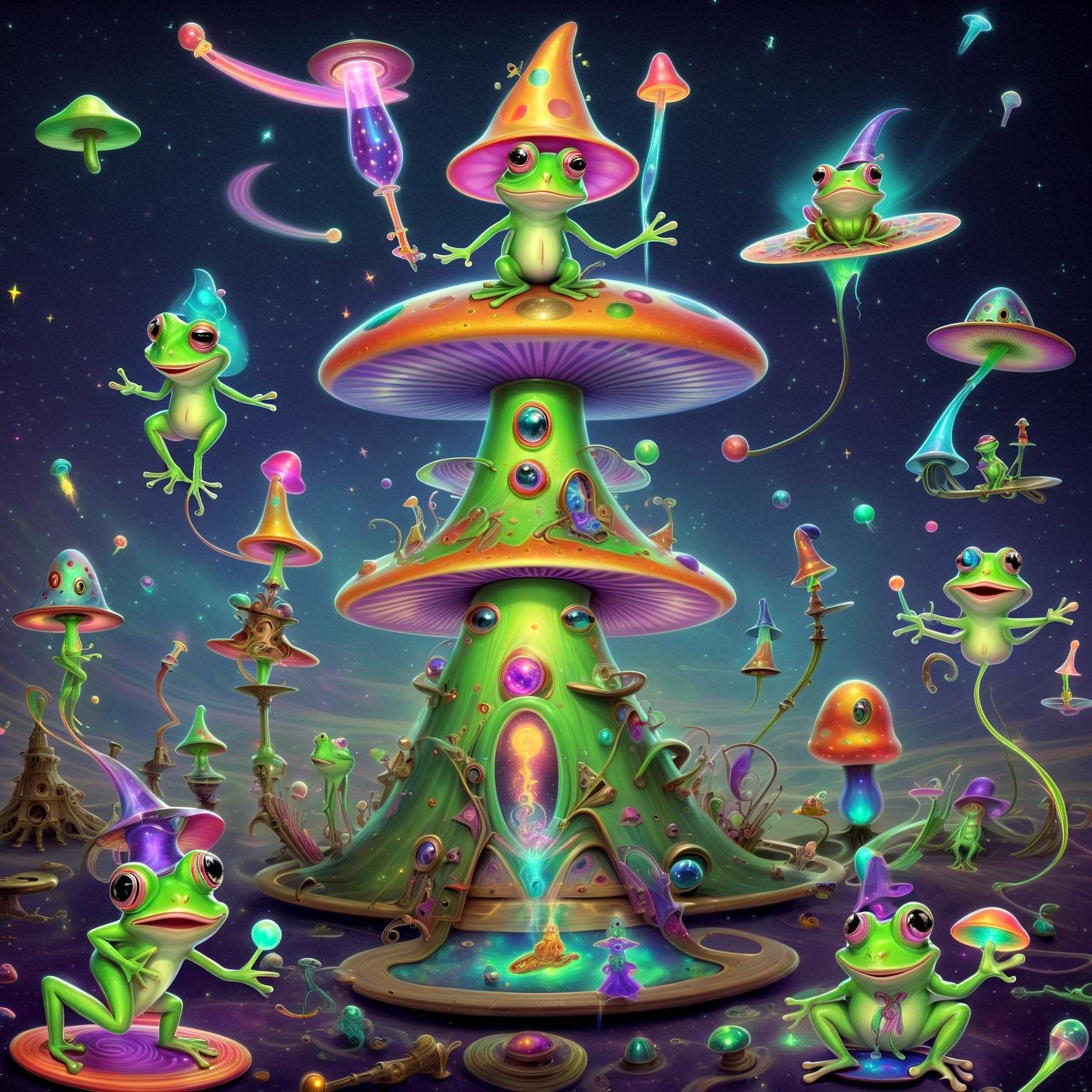 Frogs dressed as wizards conjure technicolor spells, aliens experiment with bizarre contraptions, and a girl enters a whimsical trance. Everything warps into surreal caricatures as they journey through LSD-inspired realms. Mushroom-shaped planets, giggling stars, and neon frogs set the stage for their psychedelic escapade.,in style of(bangerooo:1.15), ,