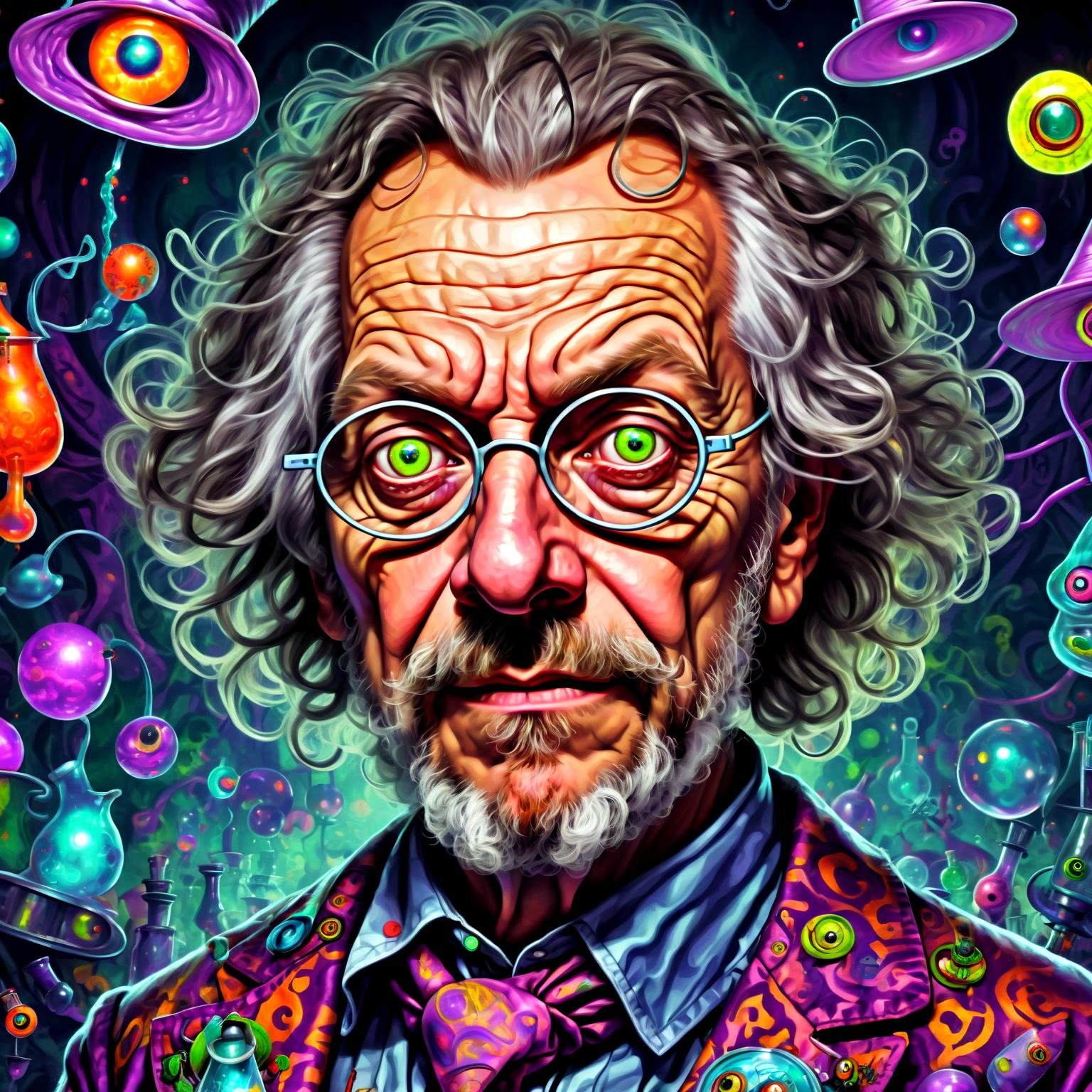 Alexander Shulgin mad professor close up portrait in wonderland, crazy eyes, at a acid test party,in style of(bangerooo:1.15), 2d,