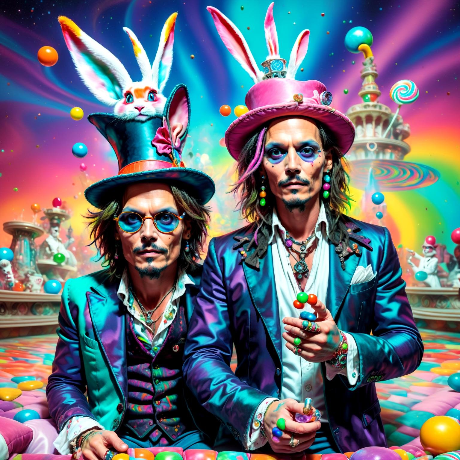 close up portrait,  (jonny depp:1.2) with his lawyer in wonderland and the white rabbit, stoned on a sofa in front of the belagio casino in las vegas, candy on the floor, universe background, psychedelic rainbow, crazy eye,in style of(bangerooo:1.15), 2d,