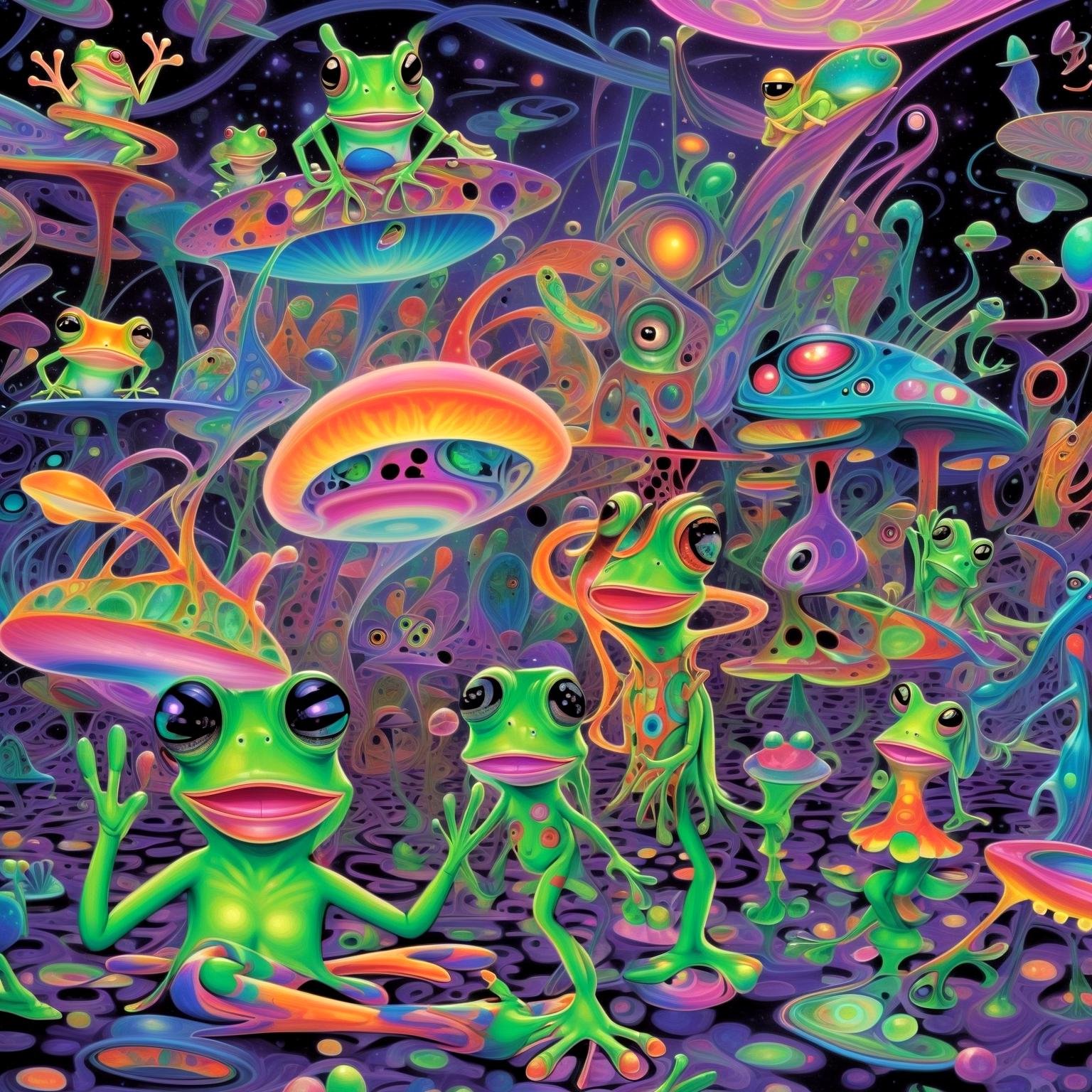 Aliens, a daring girl, and frogs indulge in mind-altering substances, creating avant-garde art with each hallucinogenic stroke. Reality twists into abstract patterns, and frogs emanate psychedelic colors. The group becomes living art, exploring the boundaries of imagination and creativity in a world of surreal proportions.,in style of(bangerooo:1.15), ,