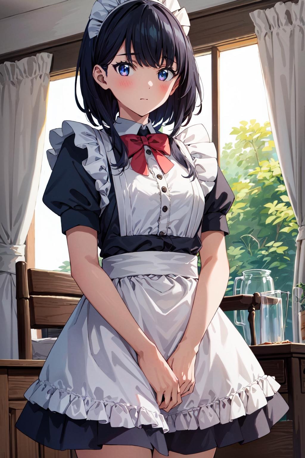 masterpiece, best quality,1girl,highres,rikka,takarada rikka,bangs, <lora:rikka_v4-000010:0.7>,maid apron, maid headdress