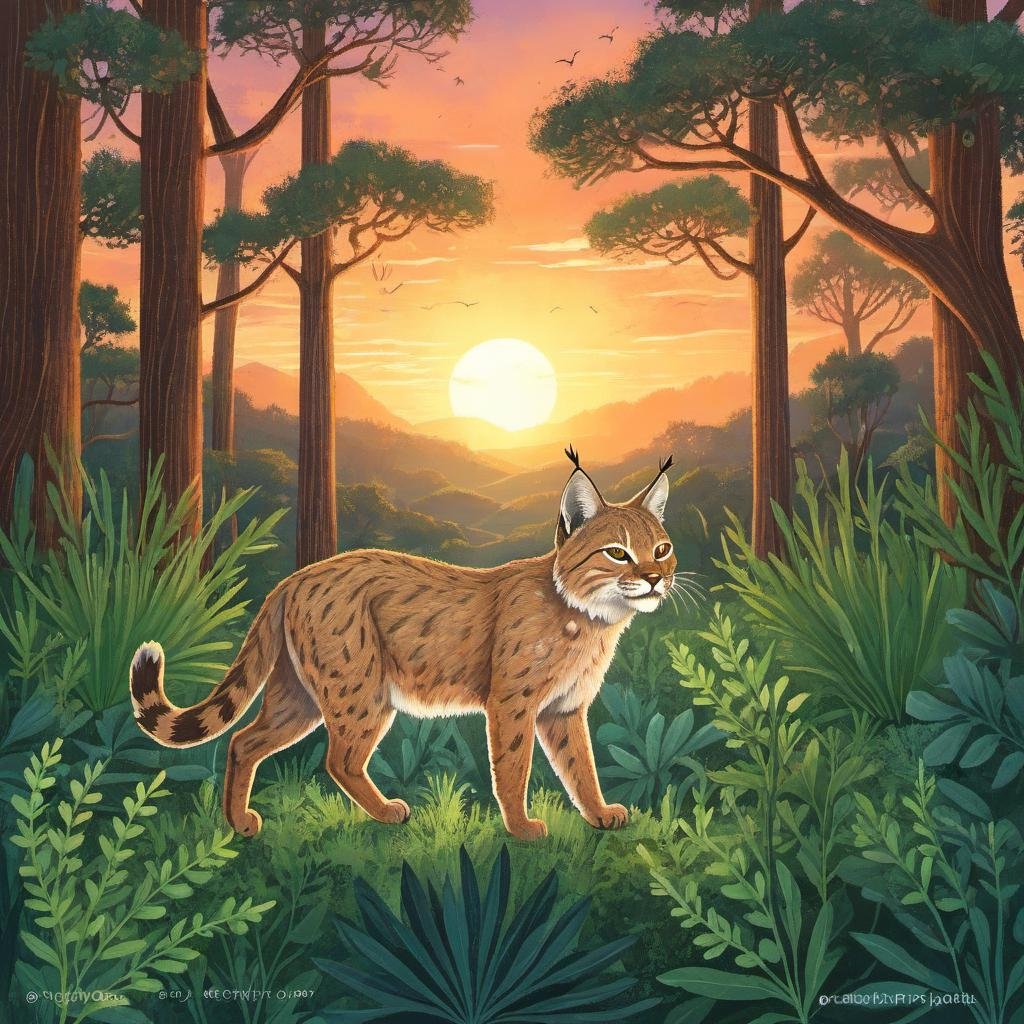 a Bobcat in Sclerophyll Forest landscape at Sunset hour <lora:ILLUSTRE_v1:1>