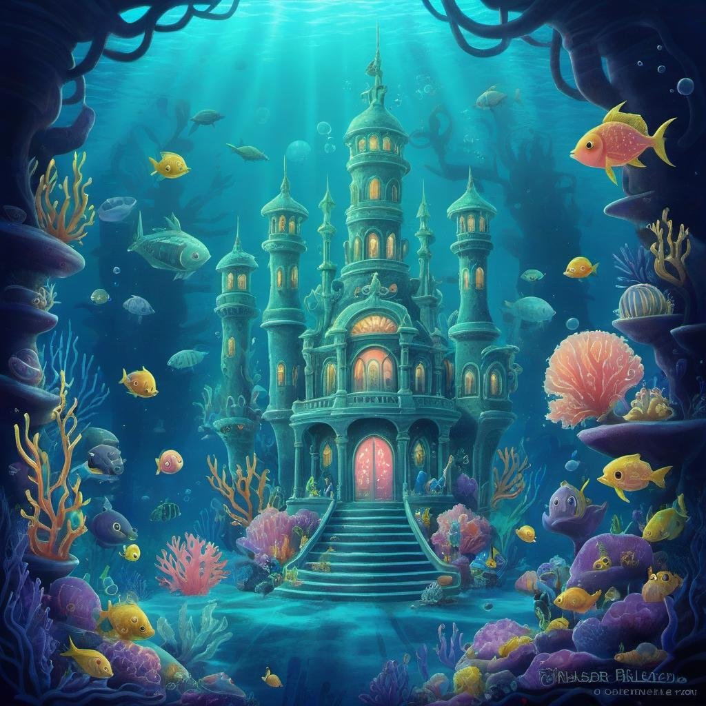 Undersea Palace: Coral architecture, regal merfolk, sea gardens, bioluminescent fish, pearl treasures. at Nighttime <lora:ILLUSTRE_v1:1>