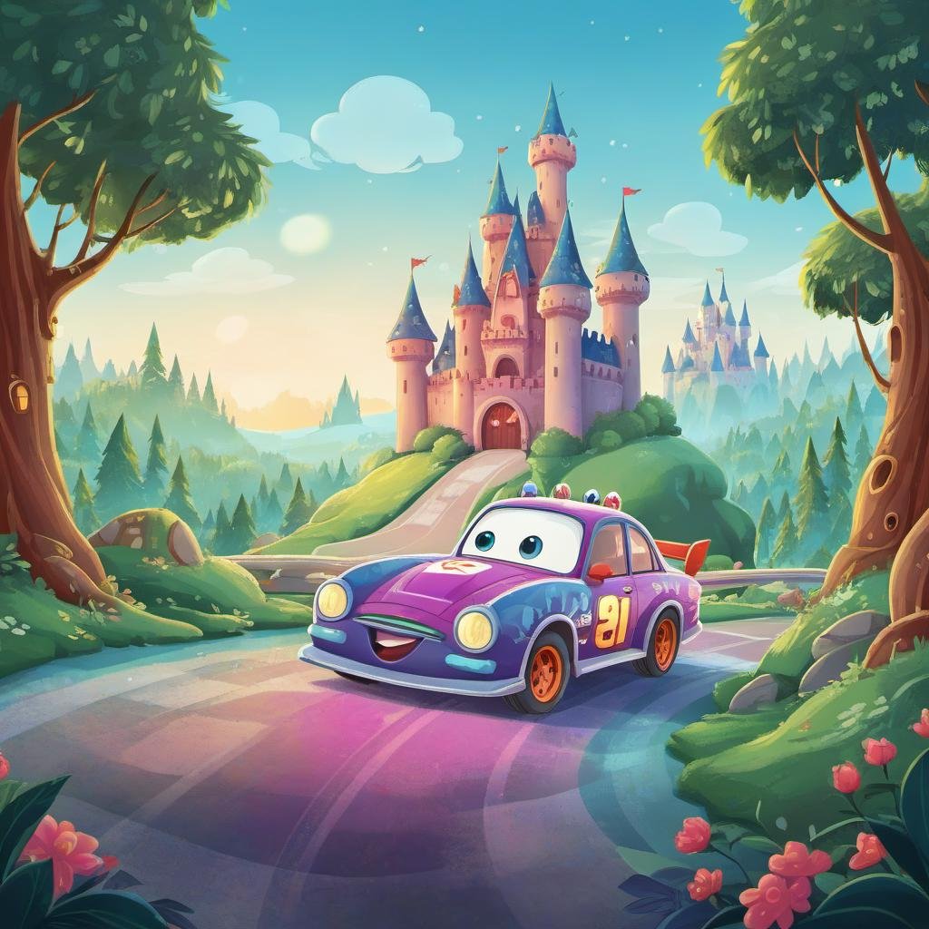 a Sedan race car in The Enchanted Castle landscape at Morning <lora:ILLUSTRE_v1:1>
