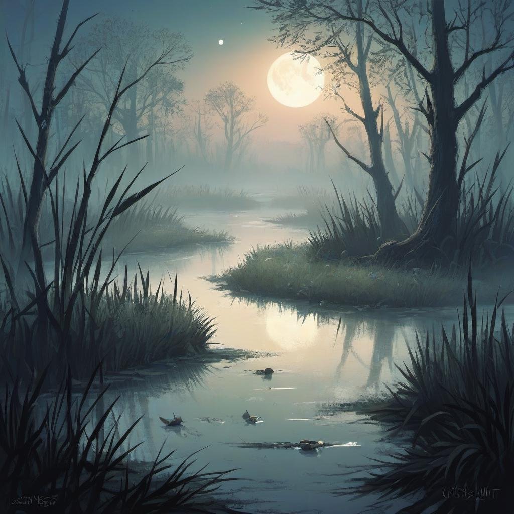 The Misty Marshes, Harmonis, Ivory Peaks, Whispering Luminescence at Late-night chill <lora:ILLUSTRE_v1:1>