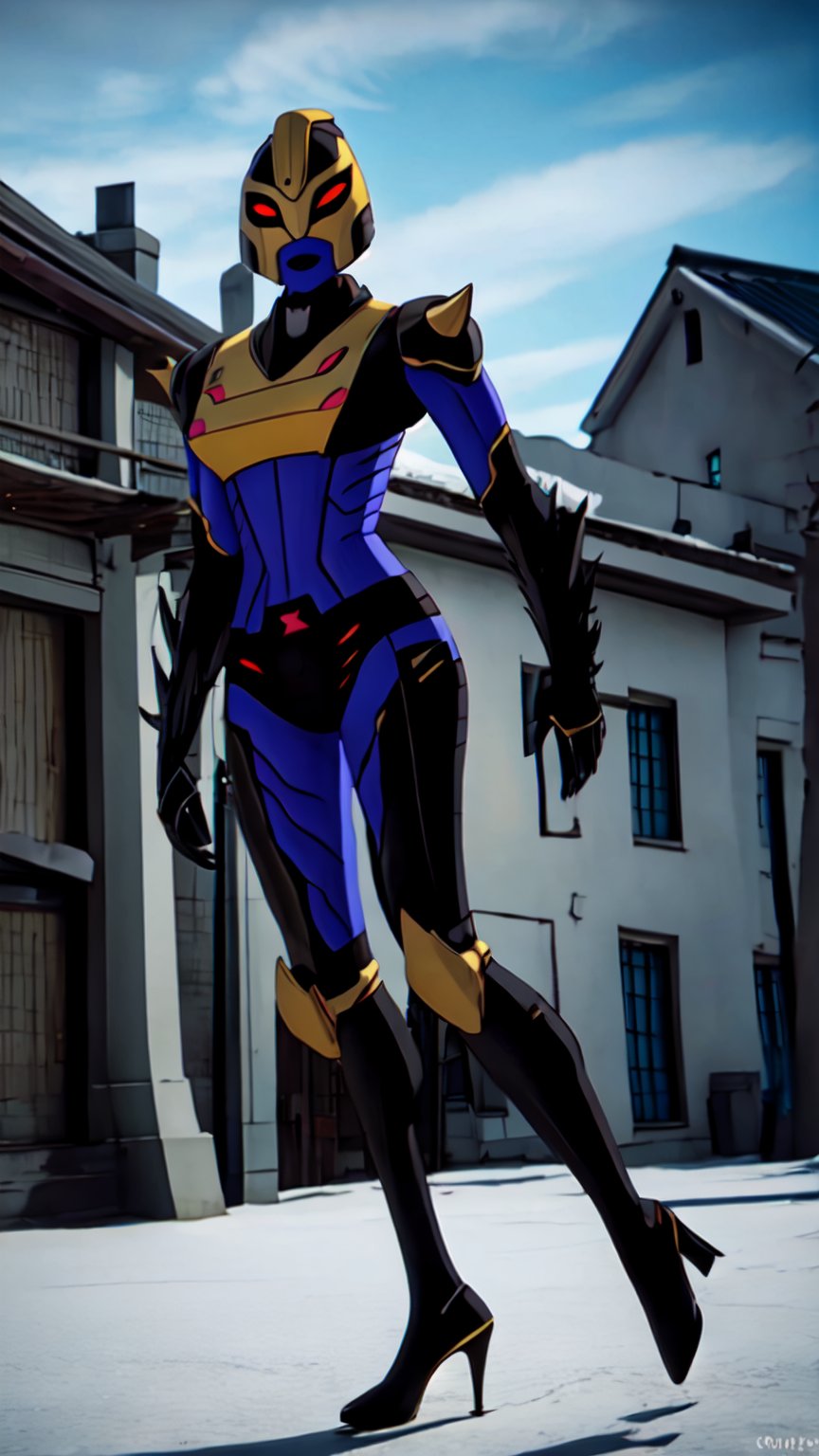 black purple and yellow armor suit,  female,  red eyes,  4eyes,  mouth uncovered,  ((forced smile:1.1)),  The background of the image should be a blend of modern and traditional elements, reflecting the world's unique fusion of ancient and contemporary settings. The atmosphere should capture essence, balancing his calm and cool demeanor with his undeniable strength and wisdom.", photographic super realistic masterpiece 4K HDR quality image, holding swordborn, mecha musume, WARFRAME, futubot, blurry_light_background, full helmet, (full body:1.2), (light armor:1.4), dark colour armor, plain armor,  ((BLACK-A:1.5)), mesugaki, <lora:EMS-14949-EMS:0.200000>, , <lora:EMS-74778-EMS:1.000000>, , <lora:EMS-13595-EMS:0.000000>