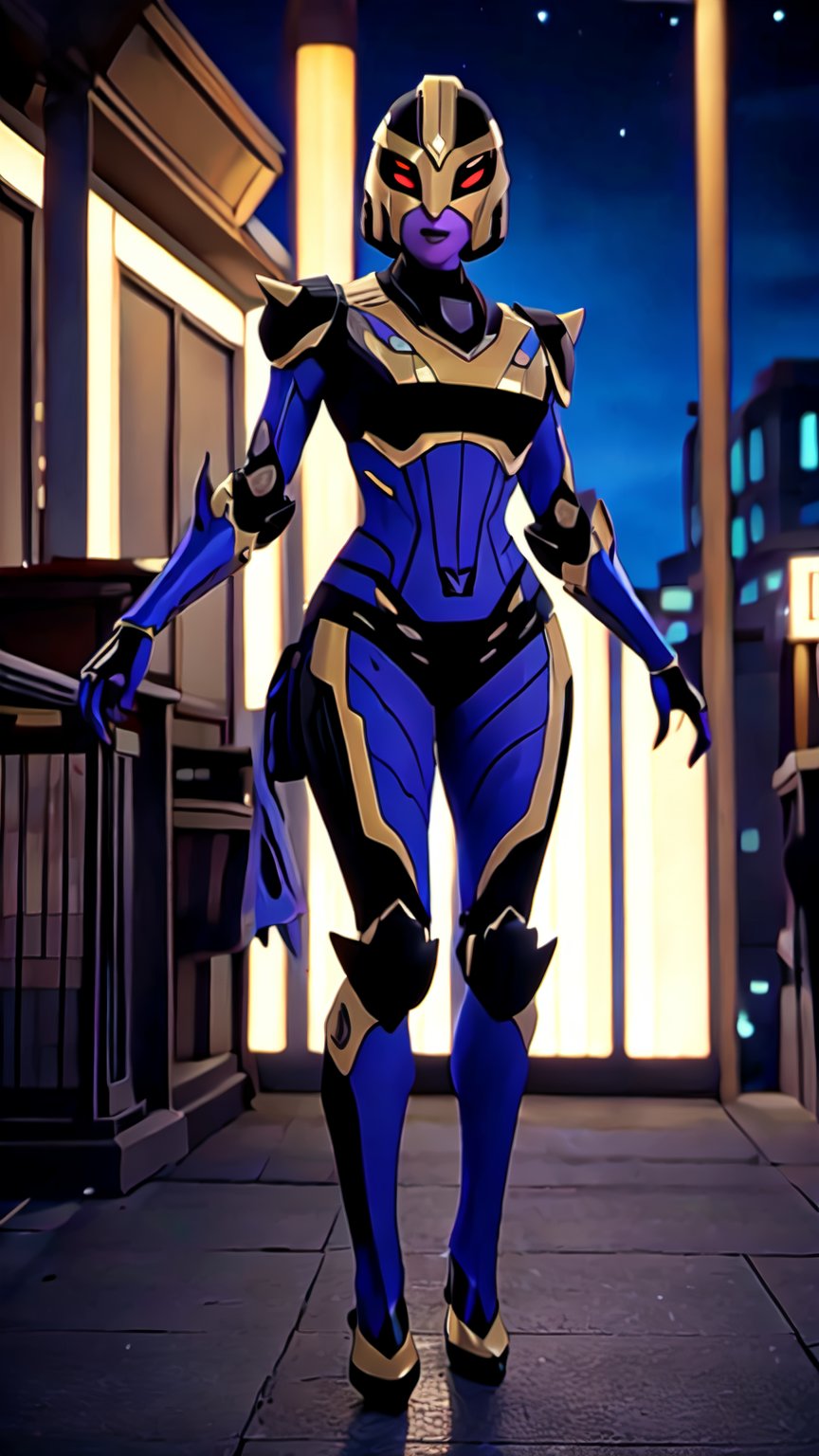 black purple and yellow armor suit,  female,  red eyes,  4eyes,  mouth uncovered,  ((forced smile:1.1)),  The background of the image should be a blend of modern and traditional elements, reflecting the world's unique fusion of ancient and contemporary settings. The atmosphere should capture essence, balancing his calm and cool demeanor with his undeniable strength and wisdom.", photographic super realistic masterpiece 4K HDR quality image, holding swordborn, mecha musume, WARFRAME, futubot, blurry_light_background, full helmet, (full body:1.2), (light armor:1.4), dark colour armor, plain armor,  ((BLACK-A:1.5)), mesugaki, <lora:EMS-14949-EMS:0.600000>, , <lora:EMS-74778-EMS:0.800000>, , <lora:EMS-13595-EMS:0.200000>