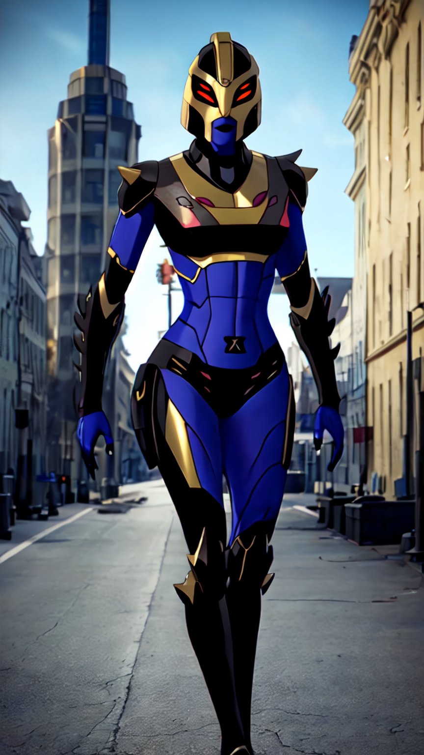 black purple and yellow armor suit,  female,  red eyes,  4eyes,  mouth uncovered,  ((forced smile:1.1)),  The background of the image should be a blend of modern and traditional elements, reflecting the world's unique fusion of ancient and contemporary settings. The atmosphere should capture essence, balancing his calm and cool demeanor with his undeniable strength and wisdom.", photographic super realistic masterpiece 4K HDR quality image, holding swordborn, mecha musume, WARFRAME, futubot, blurry_light_background, full helmet, (full body:1.2), (light armor:1.4), dark colour armor, plain armor,  ((BLACK-A:1.5)), mesugaki, <lora:EMS-74778-EMS:1.000000>, , <lora:EMS-13595-EMS:0.000000>, , <lora:EMS-14949-EMS:0.200000>