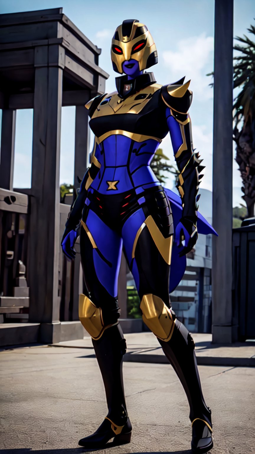 black purple and yellow armor suit,  female,  red eyes,  4eyes,  mouth uncovered,  ((forced smile:1.1)),  The background of the image should be a blend of modern and traditional elements, reflecting the world's unique fusion of ancient and contemporary settings. The atmosphere should capture essence, balancing his calm and cool demeanor with his undeniable strength and wisdom.", photographic super realistic masterpiece 4K HDR quality image, holding swordborn, mecha musume, WARFRAME, futubot, blurry_light_background, full helmet, (full body:1.2), (light armor:1.4), dark colour armor, plain armor,  ((BLACK-A:1.5)), mesugaki, <lora:EMS-74778-EMS:0.800000>, , <lora:EMS-13595-EMS:0.000000>, , <lora:EMS-14949-EMS:0.600000>
