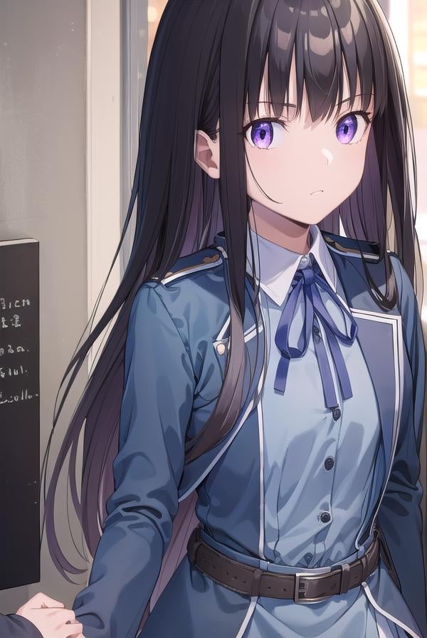 takinainoue, <lora:takinainouechickeiii-lora-nochekaiser:1>, inoue takina, long hair, bangs, black hair, (purple eyes:1.2),BREAK shirt, long sleeves, dress, ribbon, school uniform, white shirt, collared shirt, belt, neck ribbon, blue dress, green ribbon, pleated dress, grey dress, two-tone dress, blue belt, lycoris uniform,BREAK indoors, restaurant,BREAK looking at viewer, (cowboy shot:1.5),BREAK <lyco:GoodHands-beta2:1>, (masterpiece:1.2), best quality, high resolution, unity 8k wallpaper, (illustration:0.8), (beautiful detailed eyes:1.6), extremely detailed face, perfect lighting, extremely detailed CG, (perfect hands, perfect anatomy),