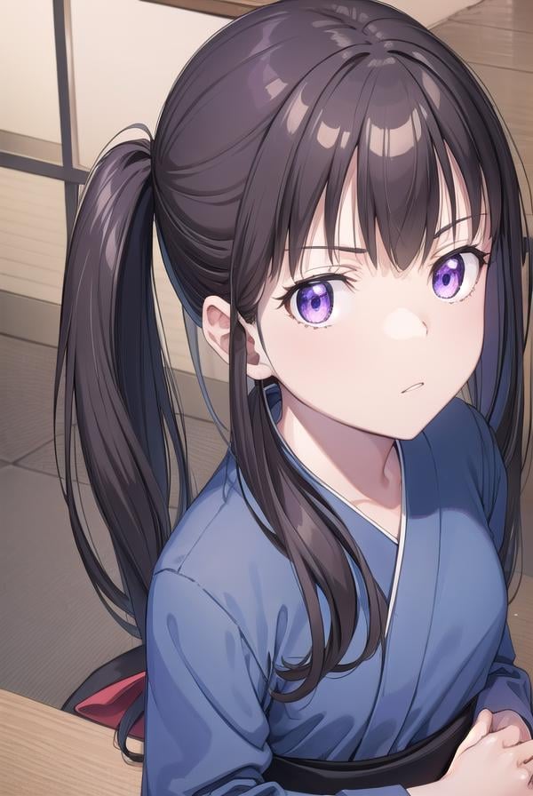 takinainoue, <lora:takinainouechickeiii-lora-nochekaiser:1>, inoue takina, long hair, bangs, twintails, black hair, (purple eyes:1.2),BREAK japanese clothes, kimono, apron, waist apron, blue kimono, waitress,BREAK indoors, cafe,BREAK looking at viewer, (cowboy shot:1.5),BREAK <lyco:GoodHands-beta2:1>, (masterpiece:1.2), best quality, high resolution, unity 8k wallpaper, (illustration:0.8), (beautiful detailed eyes:1.6), extremely detailed face, perfect lighting, extremely detailed CG, (perfect hands, perfect anatomy),