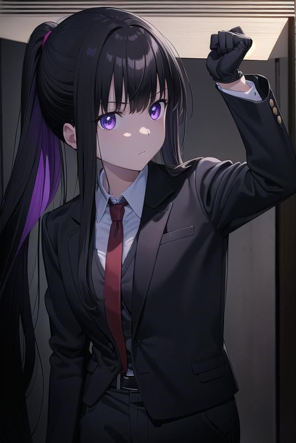 takinainoue, <lora:takinainouechickeiii-lora-nochekaiser:1>, inoue takina, long hair, bangs, ponytail, black hair, (purple eyes:1.2),BREAK gloves, long sleeves, jacket, necktie, black gloves, collared shirt, belt, pants, vest, black jacket, black pants, formal, suit, red necktie, headset, black suit, earpiece,BREAK looking at viewer, (cowboy shot:1.5),BREAK indoors, restaurant,BREAK <lyco:GoodHands-beta2:1>, (masterpiece:1.2), best quality, high resolution, unity 8k wallpaper, (illustration:0.8), (beautiful detailed eyes:1.6), extremely detailed face, perfect lighting, extremely detailed CG, (perfect hands, perfect anatomy),