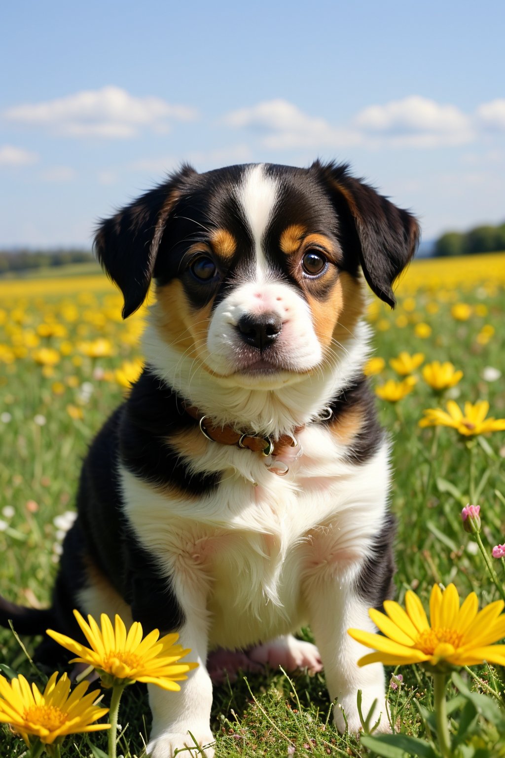 a photo of a cute little puppy surrounded by beautiful flowers in a meadow, extremely detailed fur,(close up:1.1)
