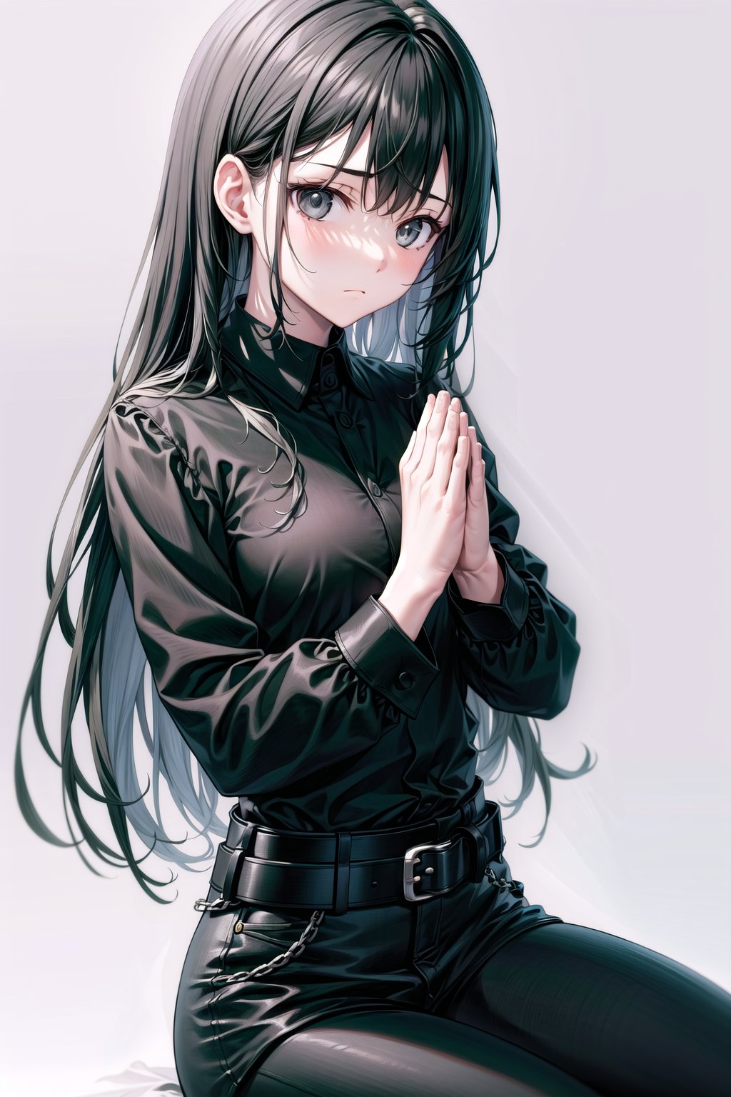 simple background, white background, 1girl, upper body, (masterpiece, highres), black hair, long hair, bangs, grey eyes, black collared shirt, black pant, belt, sitting, praying, own hands together