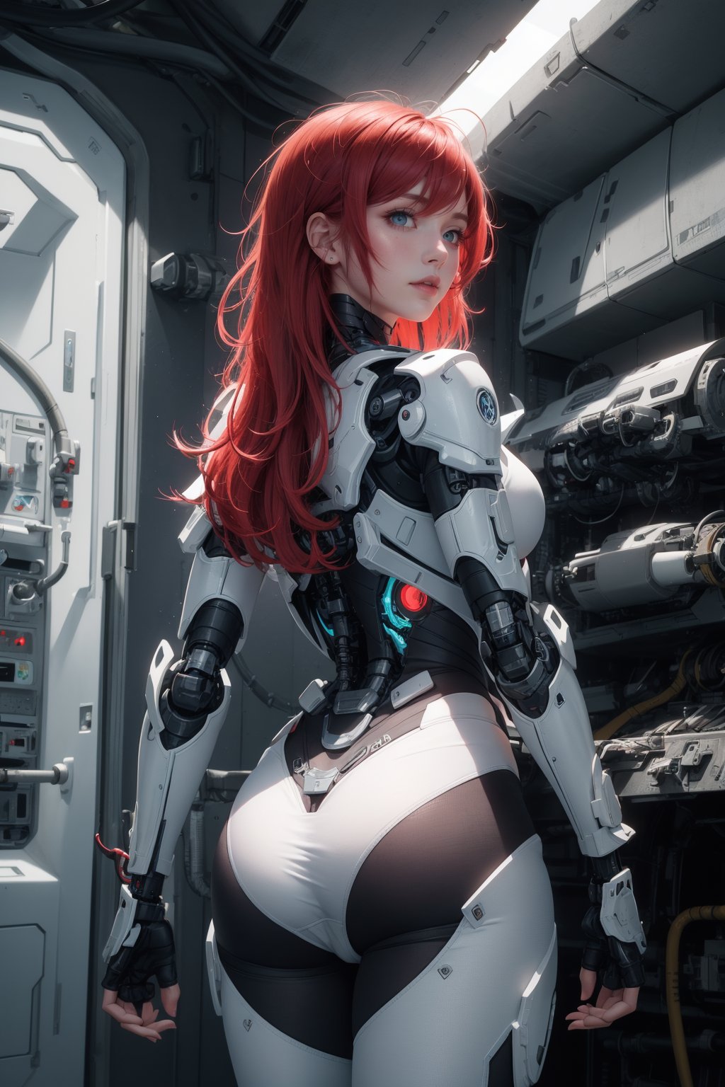 masterpiece, ultra quality, sharp focus, 1girl, red hair, aqua eyes, half cyborg, looking at viewer, from behind, spaceship