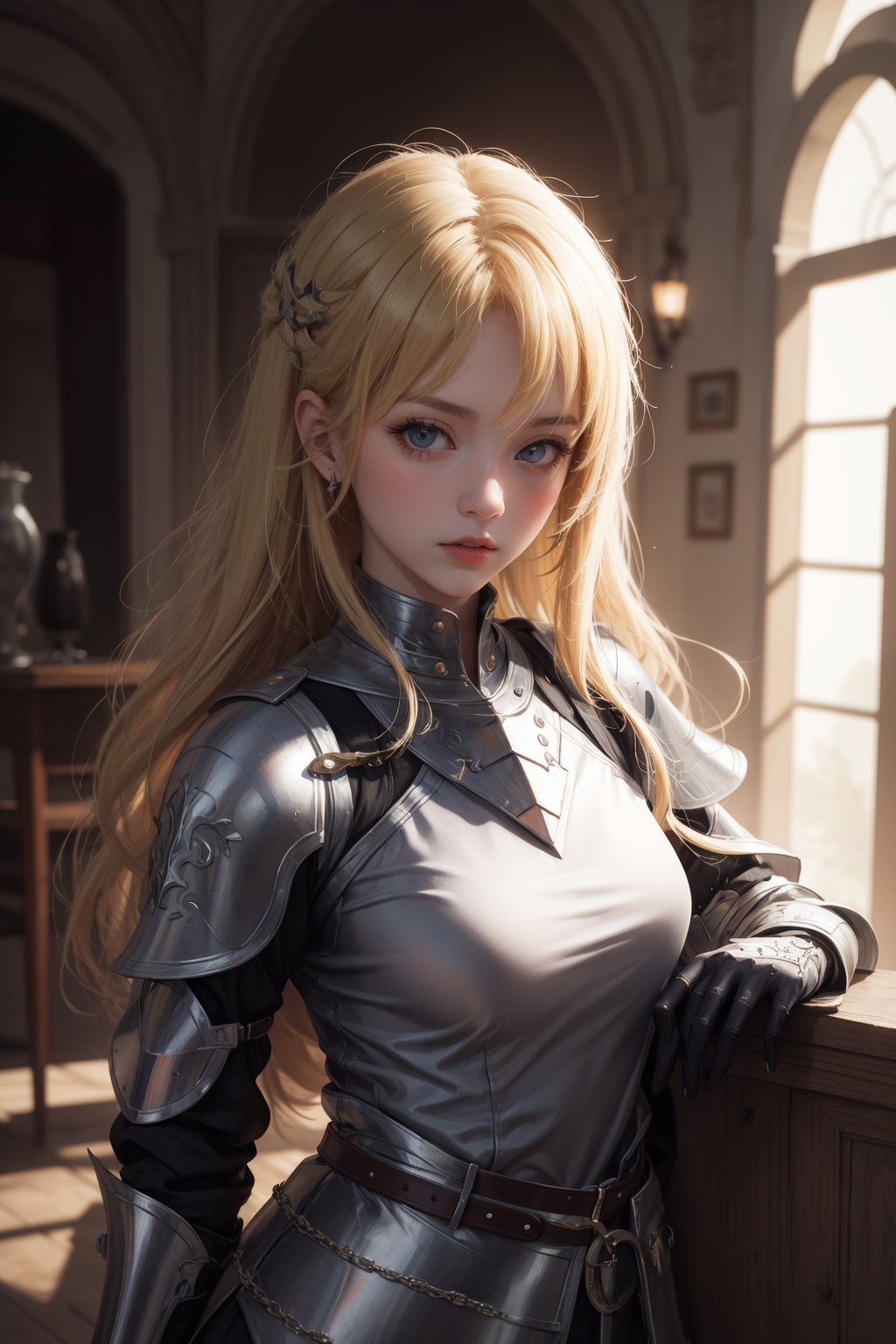 masterpiece, incredibly absurdres, ultra detailed, ultra quality, sharp focus, 1girl, knight, blonde hair, curious, fantasy