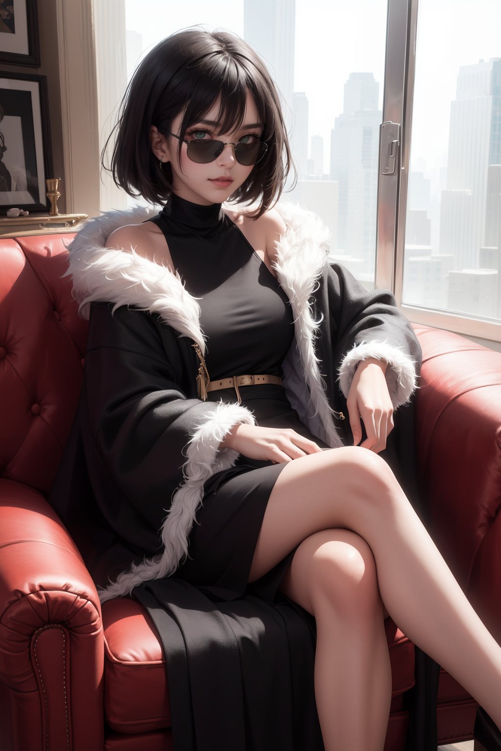 masterpiece, ultra quality, sharp focus, 1girl, black hair, green eyes, sitting in sofa, crossed legs, looking at viewer, smirk, from above, fur cloak, futuristic, (black shades)