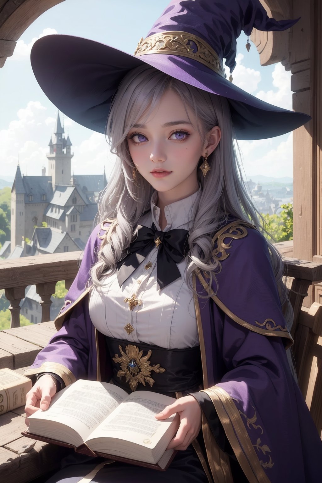 masterpiece, ultra quality, sharp focus, beautiful woman, purple eyes, grey hair, soft smile, magician teacher, fantasy, castle, carrying magic book, tunic, witch hat