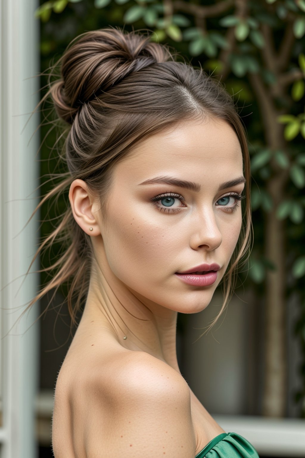  a pretty french woman with a fancy brunette bun hair, wearing a green dress, blue eyes, glossy lipstick, midshot picture, and attractive features,  eyes,  eyelid,  focus,  depth of field,  film grain,  ray tracing,  slim model,  anatomically correct, (Hairdress),<lora:659111690174031528:1.0>