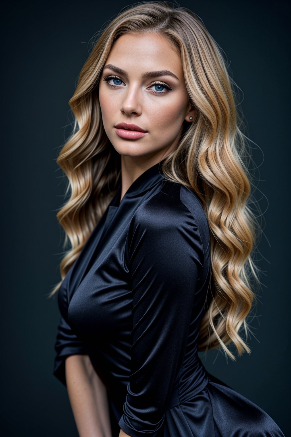  a pretty woman with gorgeous long curly blonde hair, wearing a black dress, blue eyes, midshot picture, and attractive features,  eyes,  eyelid,  focus,  depth of field,  film grain,  ray tracing,  slim model,  anatomically correct, (Hairdress),<lora:659111690174031528:1.0>