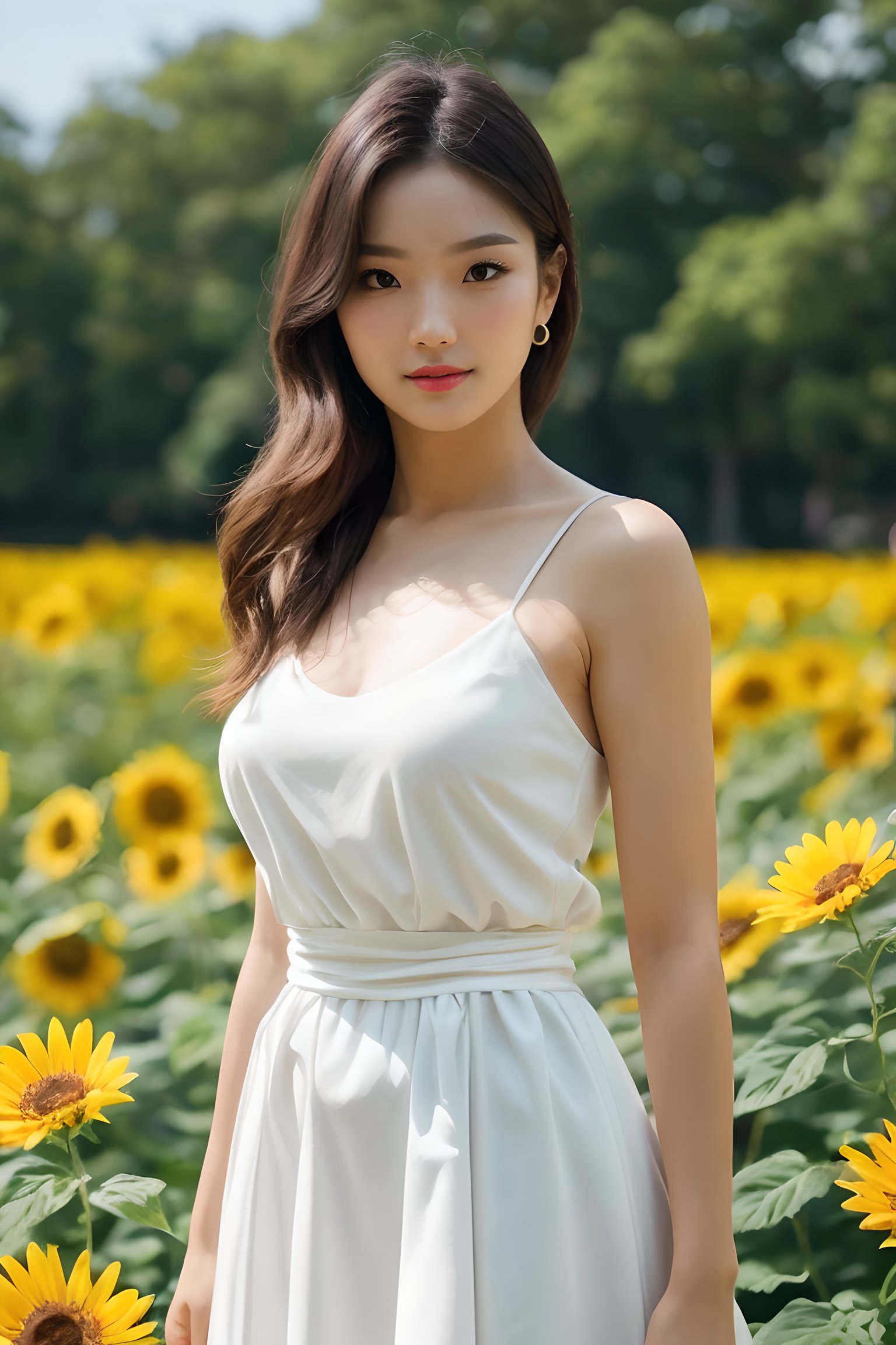 mature body), (upper body:1.5), nikon RAW photo,8 k, Fujifilm XT3,masterpiece, best quality, realistic, photorealistic, ultra detailed, extremely detailed face, solo,1girl, standing, fashionable and trendy atmosphere, and a stylish expression on her face, close up, (narrow waist), white dress on field of sun flowers,