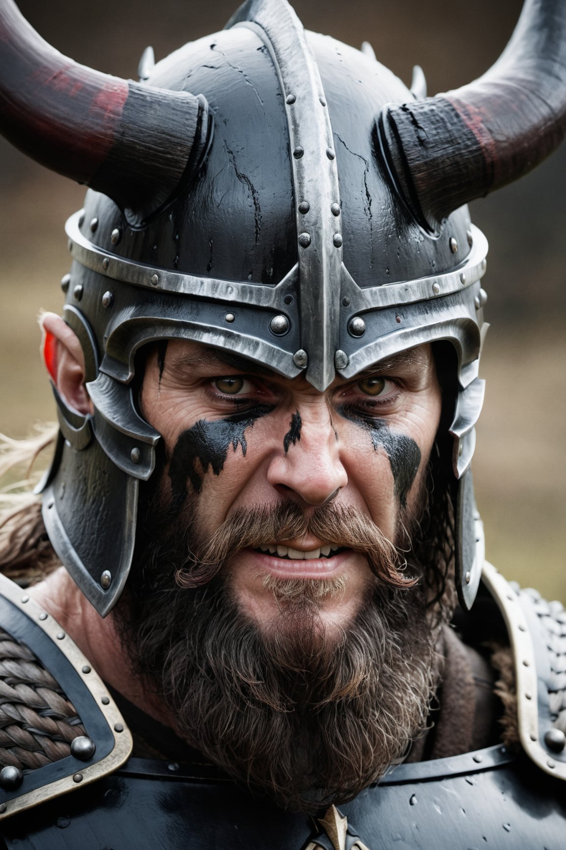 (best quality,highres),ultra-detailed,realistic,portrait,monochrome,soft light,sharp focus,masterpiece:1.2,Viking King,dripping wet black mud,dark metal helmet,imposing black horns,fierce expression,weathered face,long beard,ferocious gaze,sinister grin,muscular build,sturdy armor,battle scars,red warpaint,cold steel,glistening chainmail,rough texture,warrior,strength and power,dominance,authority,proud,mythical,ancient,legendary,luxurious fur trim,deep shadows,intense eyes,harsh environment,menacing atmosphere

