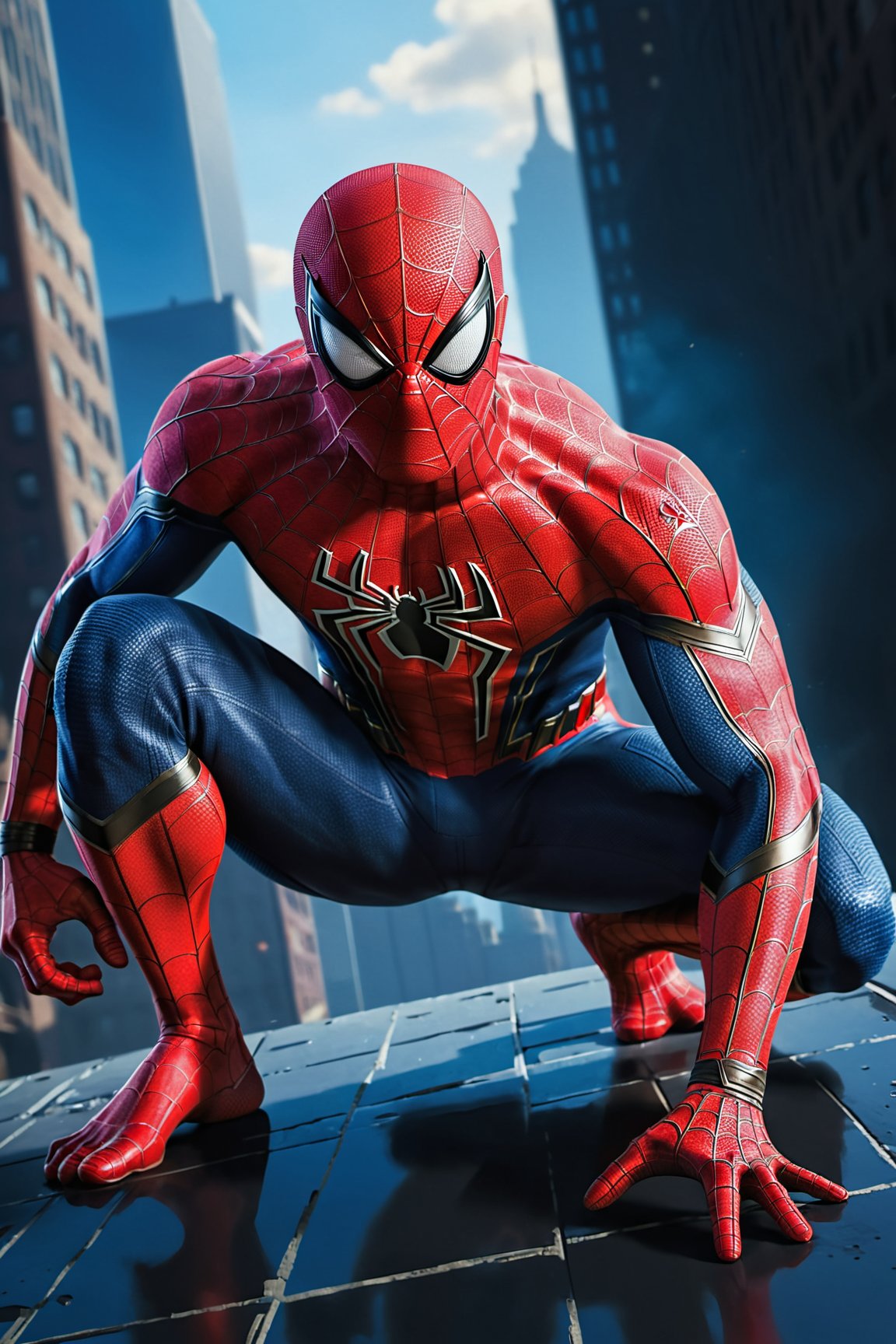 In this stunning depiction, capturing the intensity of spiderman in a squating down pose, he exudes a fierce and formidable presence. This high-quality image, rendered in 8K Ultra HD, immerses viewers in the intricate details of the scene. Whether it is a digitally enhanced photograph or an intricately painted masterpiece, this visually striking portrayal showcases spiderman in all his powerful glory.

