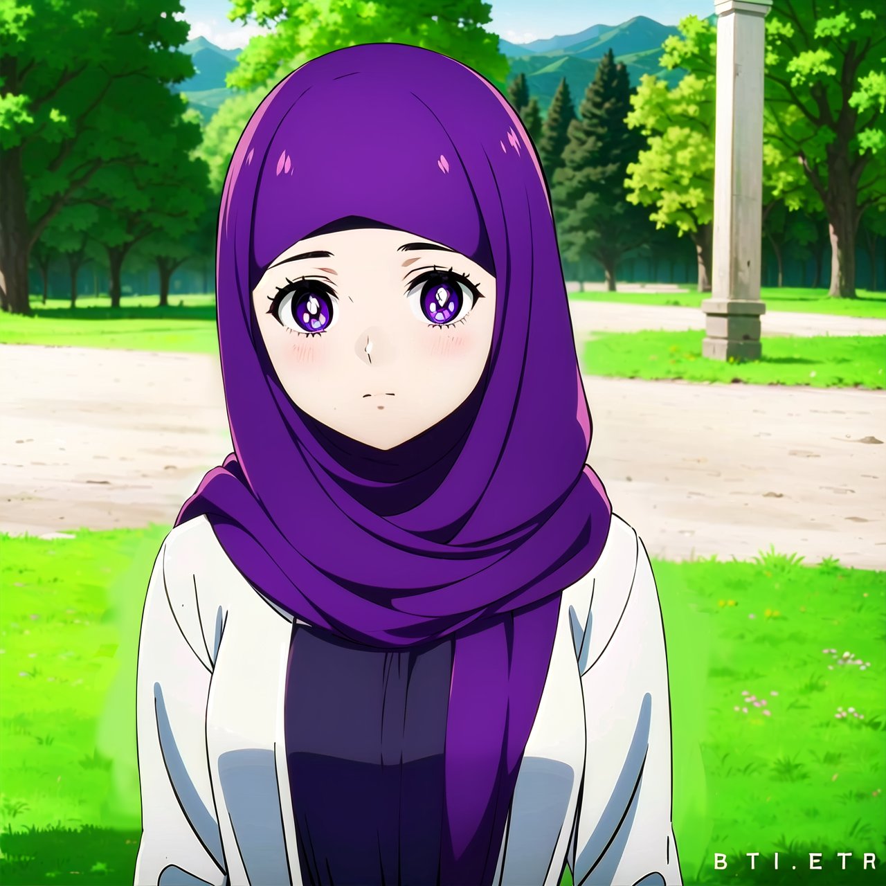 ((masterpiece,  best quality)), (hijabin anime:1), solo, 1girl, outdoor, fern, bright pupils,fern, purple hijab