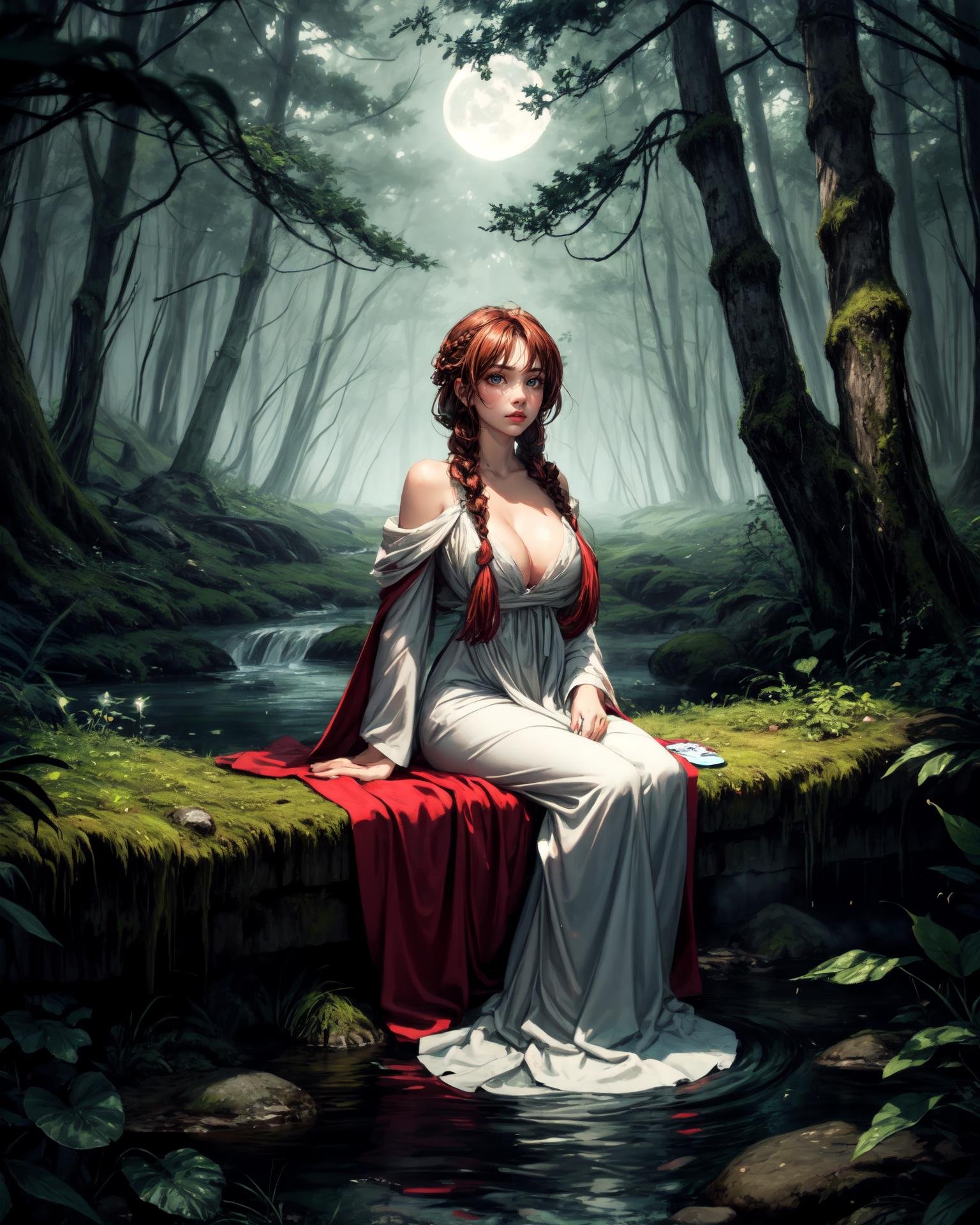 very detailed, high quality, portrait, woman in her 30s, huge breasts, sharp eyes, hair between eyes, high-tech, (knotless_braid_hairstyle:1.3), flat colors, Moonlit forest, towering trees, shadowy foliage, luminescent insects, misty clearings, mossy rocks, burbling brook, rustling leaves, twinkling stars, owl perched, long flowing gown, forest-inspired accessories, lantern light, whimsical, serene, mysterious, tranquil, enchanted, <lora:add_detail:1>