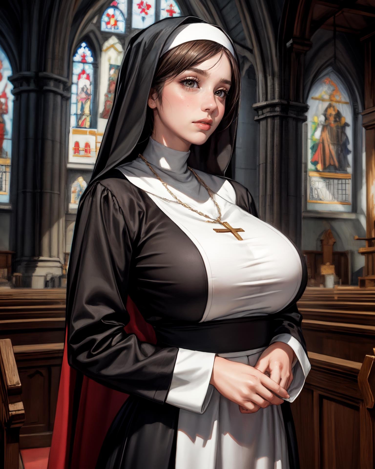 (masterpiece:1.2, best quality, absurdres, realistic), 1girl, huge breasts, nun, church, crowded, alternate hairstyle, blushed, detailed background, curvy, <lora:add_detail:1>