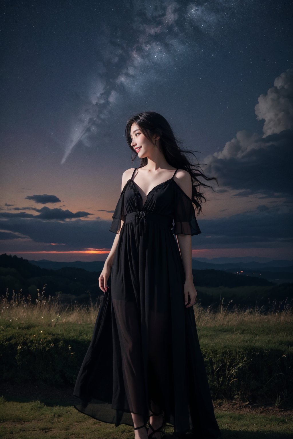 girl, Black dress, gray eyes, medium wavy hair, medium chest, Black hair, against the night sky, summer night, portrait, serenity, innocence, dreaminess, dark exposure, bright colors,dark tones, Clouds,full body, smiling,, 