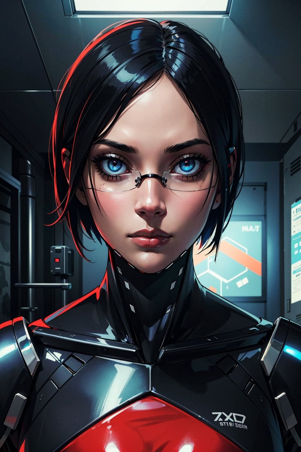 1girl,  elster,  black hair , robot joints,  blue eyes,  looking at viewer,  serious,  short hair,  nose guard,  frameless glasses,  black and red  bodysuit,  armor,  solo,  space station,  indoors,  dark,  cyberpunk,  red lights,  (insanely detailed,  beautiful detailed face, beautiful detailed eyes,  masterpiece,  best quality:1.2), cyborg, <lora:EMS-77076-EMS:0.600000>