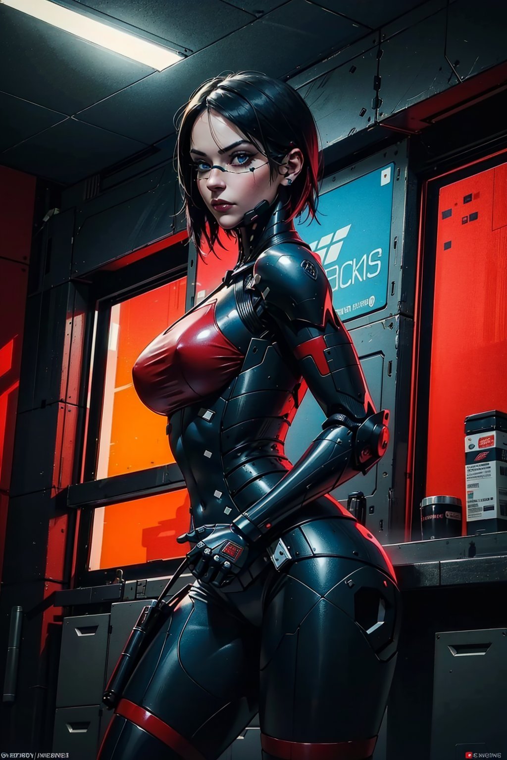1girl,  black hair , robot joints,  blue eyes,  looking at viewer,  serious,  short hair,  nose guard,  frameless glasses,  black and red  bodysuit,  armor,  solo,  space station,  indoors,  cowboy shot,  dark,  cyberpunk,  red lights,  large hip,  slim,  peaky breasts,  (dynamic pose:1.2)insanely detailed,  beautiful detailed face, beautiful detailed eyes,  masterpiece,  best quality, cyborg, bodysuit, elster, <lora:EMS-65313-EMS:0.300000>, , <lora:EMS-65709-EMS:0.300000>, , <lora:EMS-77076-EMS:0.800000>