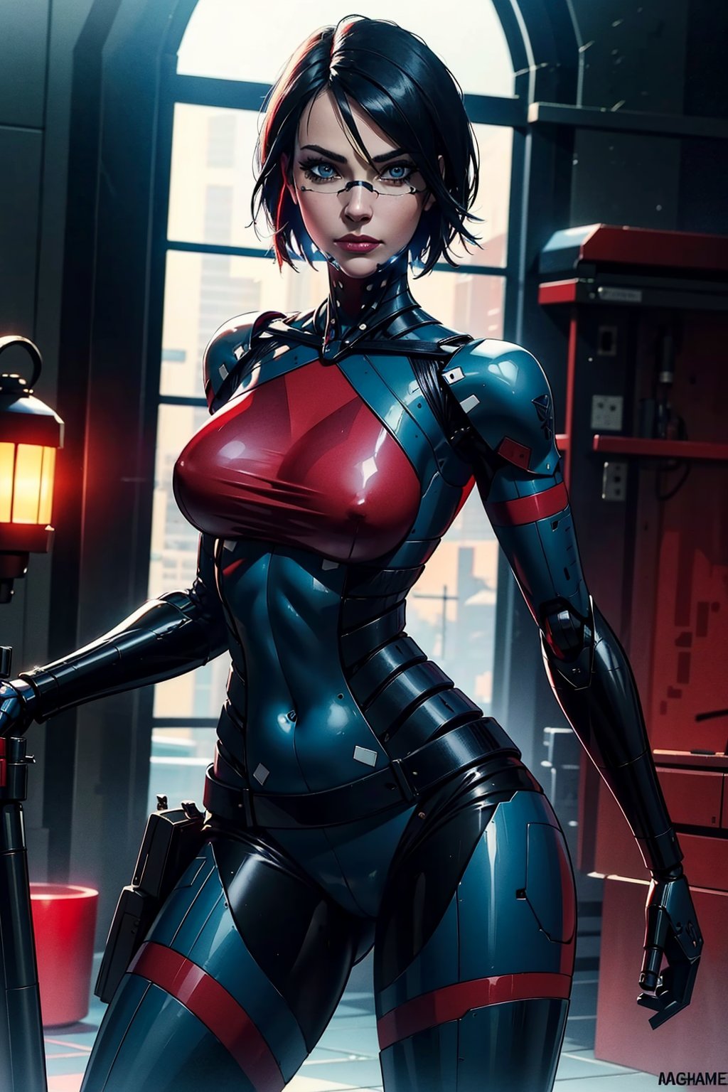 1girl,  black hair , robot joints,  blue eyes,  looking at viewer,  serious,  short hair,  nose guard,  frameless glasses,  black and red  bodysuit,  armor,  solo,  space station,  indoors,  cowboy shot,  dark,  cyberpunk,  red lights,  large hip,  slim,  peaky breasts,  (dynamic pose:1.2)insanely detailed,  beautiful detailed face, beautiful detailed eyes,  masterpiece,  best quality, cyborg, bodysuit, elster, <lora:EMS-77076-EMS:0.800000>