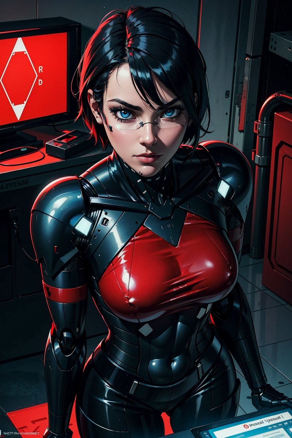 1girl,  elster,  black hair , robot joints,  blue eyes,  looking at viewer,  serious,  short hair,  nose guard,  frameless glasses,  black and red  bodysuit,  armor,  solo,  space station,  indoors,  dark,  cyberpunk,  red lights,  (insanely detailed,  beautiful detailed face, beautiful detailed eyes,  masterpiece,  best quality), cyborg, <lora:EMS-77076-EMS:0.600000>