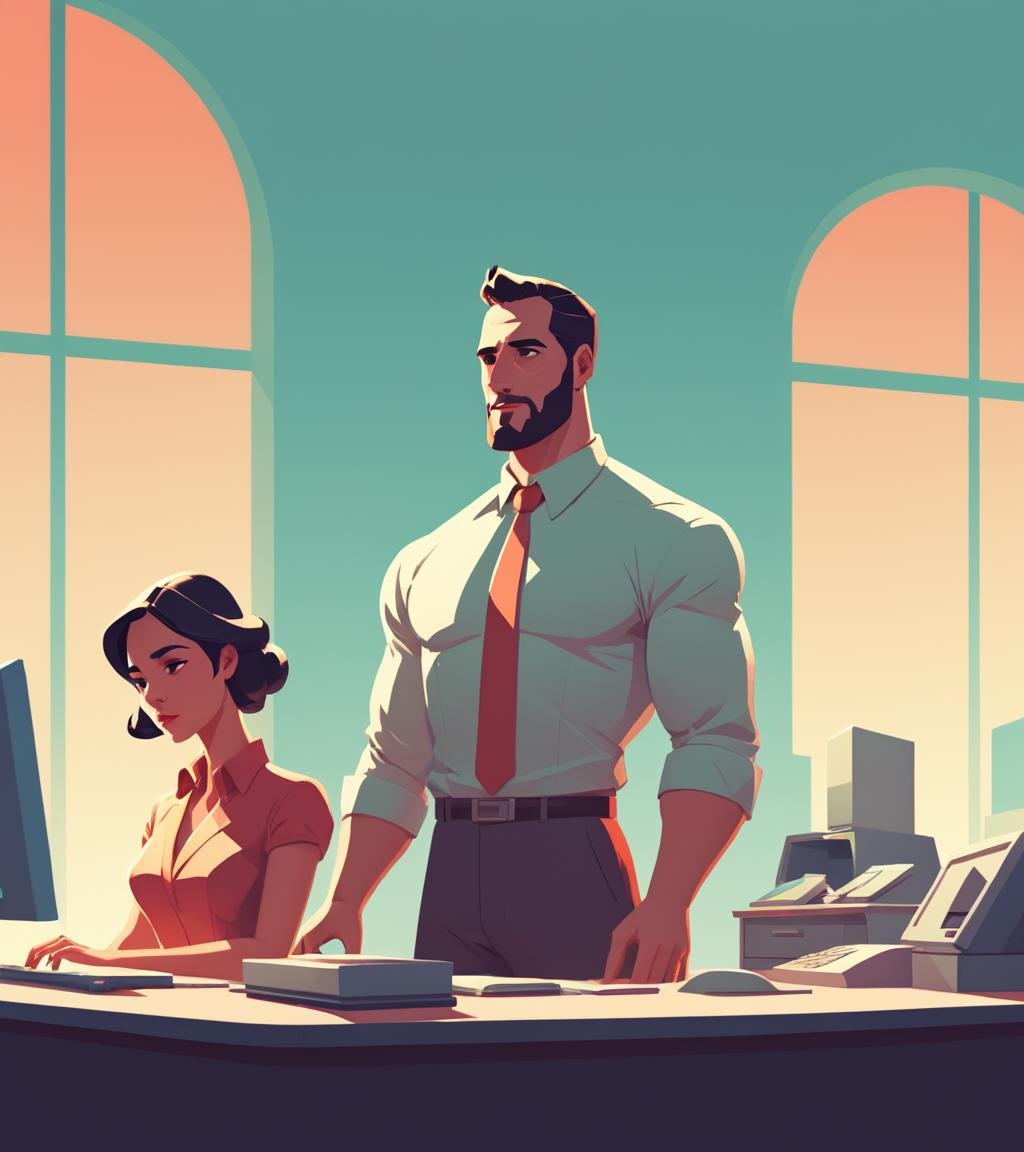concept art <lora:FF-Style-James_Gilleard:1> in the style of James Gilleard a man and woman sitting at a desk, in style of atey ghailan, detailed 2d illustration, atey ghailan 8 k, jen bartel, in style of james gilleard, flat illustration, by Atey Ghailan, official illustration, digital illustration -, cartoon style illustration, by Seb McKinnon, inspired by Atey Ghailan, james gilleard artwork,(Hypersaturated:1.3) . digital artwork, illustrative, painterly, matte painting, highly detailed
