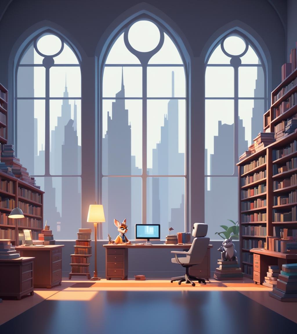 concept art <lora:FF-Style-James_Gilleard:1> in the style of James Gilleard a room with a desk, books, and a window, interior background art, artstation hq”, by senior environment artist, pixar zootopia. 3 d rendering, stunning digital illustration, inspired by sylvain sarrailh, atey ghailan 8 k, by sylvain sarrailh, detailed 2d illustration, 3 d render stylized,(Grayscale:1.3) . digital artwork, illustrative, painterly, matte painting, highly detailed