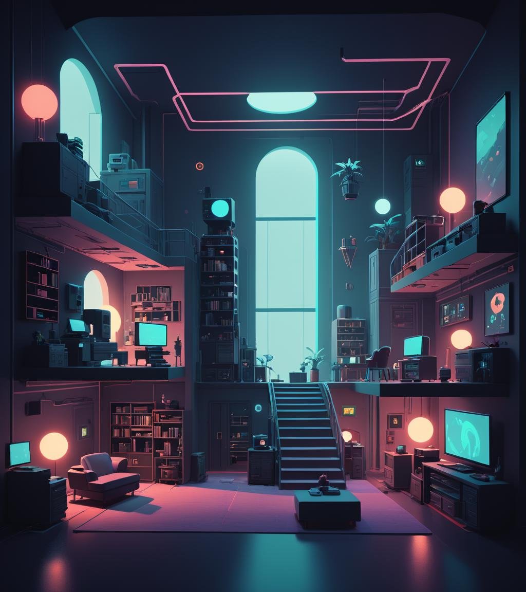 concept art <lora:FF-Style-James_Gilleard:1> in the style of James Gilleard a room with a lot of furniture and lights, 3 d render beeple, beeple global illumination, cyberpunk apartment, cyberpunk interior, the cyberpunk apartment, digital art render, artstation hq”, beeple rendering, artgem and beeple masterpiece, realism | beeple, beeple daily art, in style of beeple,(Dark hue:1.3) . digital artwork, illustrative, painterly, matte painting, highly detailed