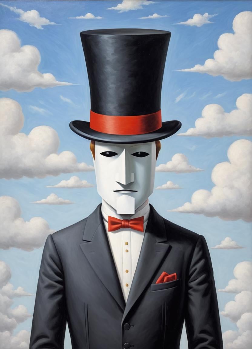 Legend of Zelda style <lora:FF-Style-Kazimir-Malevich.LoRA:1> in the style of kazimir malevich,kazimir malevich style,kazimir malevich art,kazimir malevich,a robot in a top hat and a suit stands in the clouds, in style of rene magritte, inspired by Ren Magritte, inspired by Rene Magritte, magritte painting, rene magritte hyperdetailed, he is wearing a top hat, rene magritte detailed, by Ren Magritte, magritte . Vibrant, fantasy, detailed, epic, heroic, reminiscent of The Legend of Zelda series