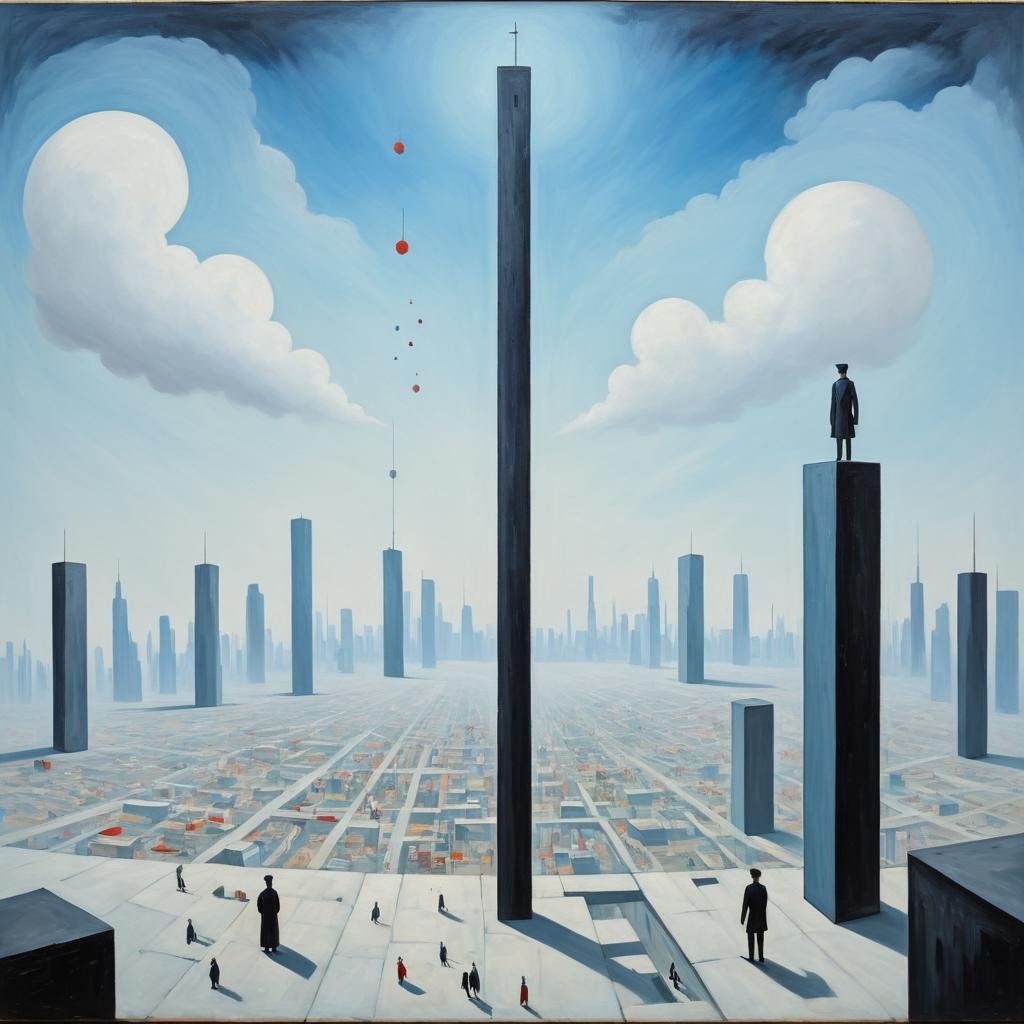 concept art <lora:FF-Style-Kazimir-Malevich.LoRA:1> in the style of kazimir malevich,kazimir malevich style,kazimir malevich art,kazimir malevich,a man is standing in a city with many objects hanging from the sky, surreal oil on canvas, surreal painting, surreal oil painting, abstract surrealism masterpiece, abstract surrealism, epic surrealism 8k oil painting, surrealistic painting, surrealism oil on canvas, eric lacombe, surrealism painting, surrealist landscape painting, dreamlike surrealism, magical realism painting, surreal scene . digital artwork, illustrative, painterly, matte painting, highly detailed
