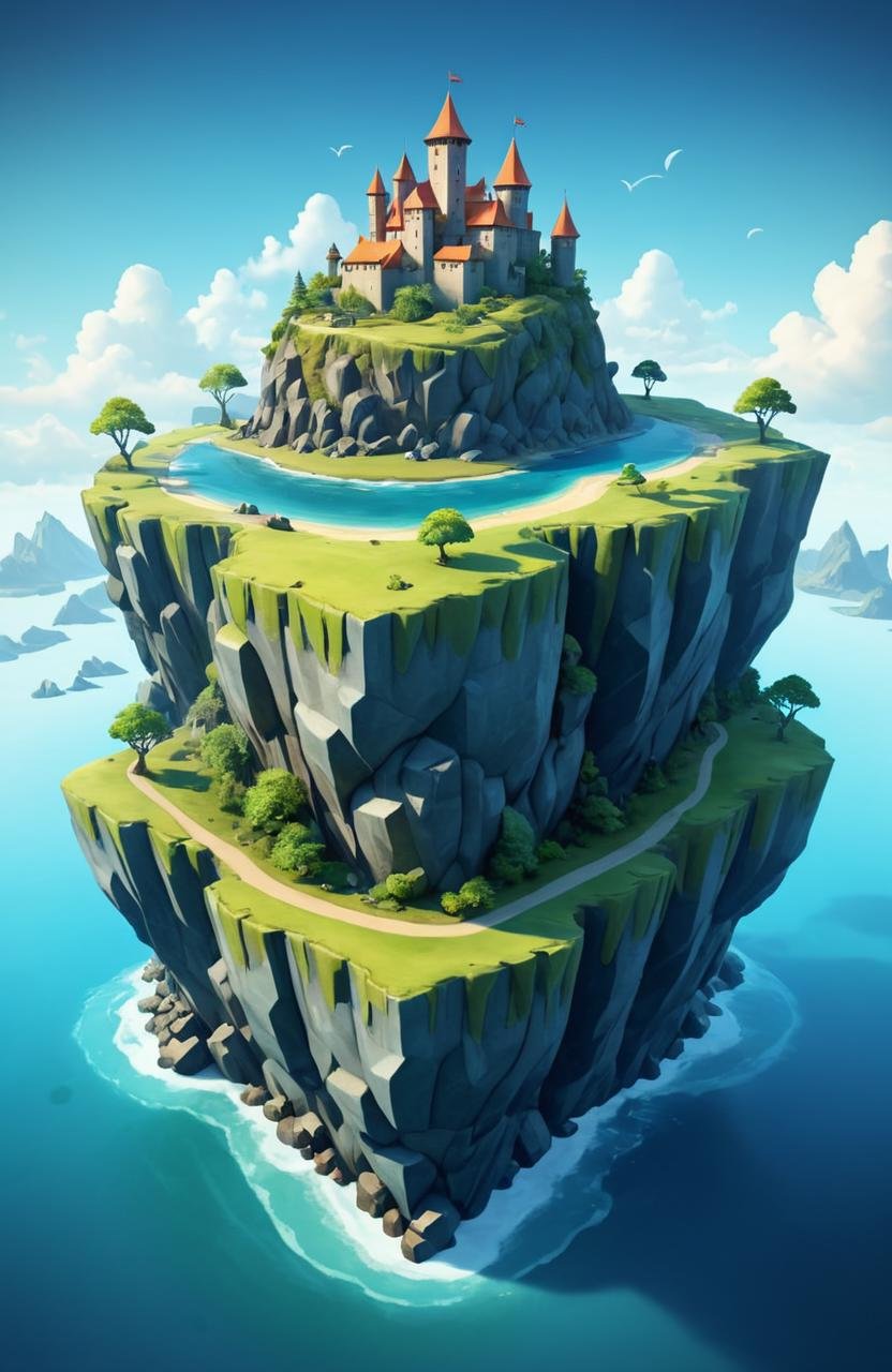 Watercolor painting <lora:Island_Generator_Update:1> a small island with a castle on it, 3 d render stylized, stylized 3d render, isometric 3d fantasy island, stylized as a 3d render, isometric island in the sky, fantasy 3 d render, high quality lowpoly art, isometric 3d fantasy, rolands zilvinskis 3d render art, stylized 3 d . Vibrant, beautiful, painterly, detailed, textural, artistic