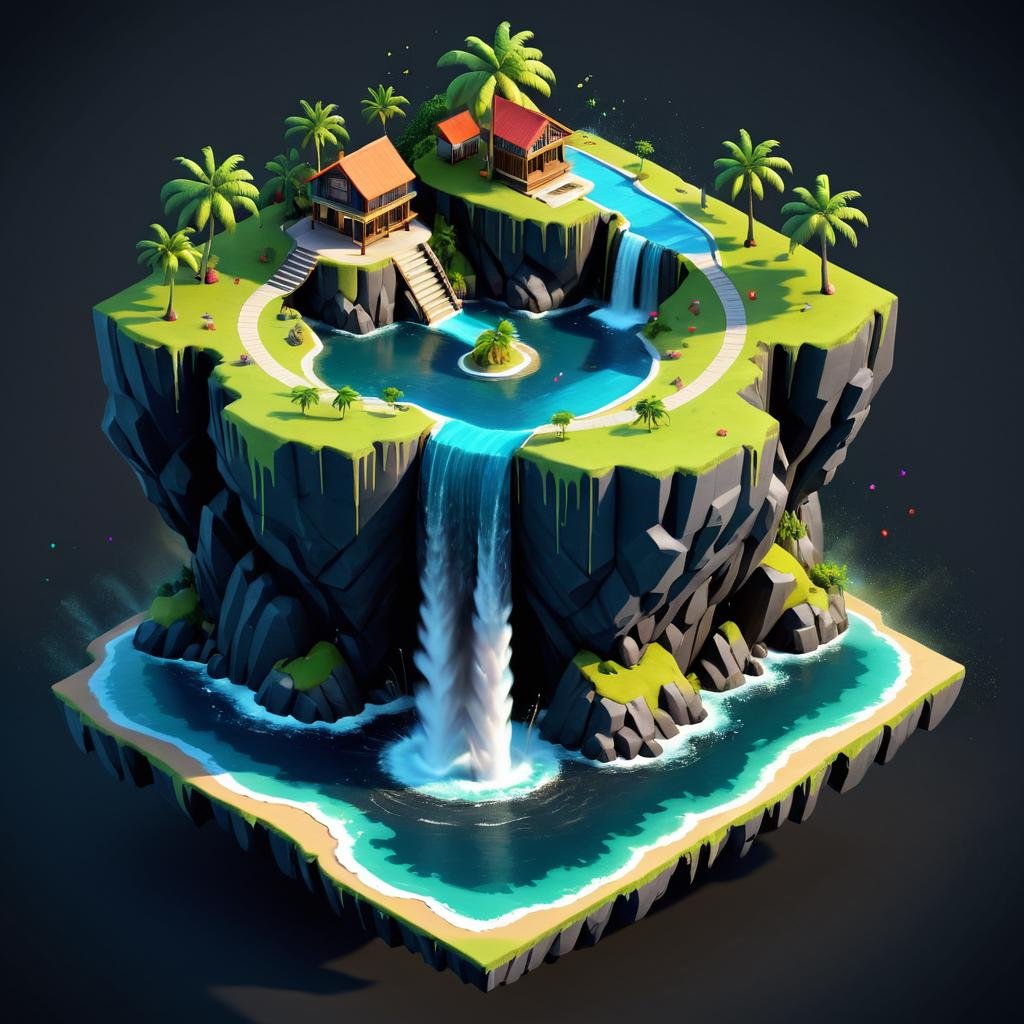 isometric style (Professional 3D rendering:1.3) of (Ultra detailed:1.3) <lora:Island_Generator_Update:1> a house on an island with a waterfall, stylized 3d render, 3 d render stylized, stylized as a 3d render, isometric island in the sky, low poly 3 d render, 3 d low poly render, 3d low poly render, super detailed color lowpoly art, stylized 3 d, isometric 3d fantasy island with background a close up of a colorful explosion of paint on a black background, colourful explosion, colorful explosion, color explosion, an explosion of colors, color ink explosion, explosion of color, explosion of colors, explosive colors, spectacular splatter explosion, dark color. explosions, splashes of colors, splashes of color, philosophical splashes of colors, colourful 4 k hd, colorful, paint splatter, black background, abstract, no humans, simple background, solo, paint,CGSociety,ArtStation . vibrant, beautiful, crisp, detailed, ultra detailed, intricate