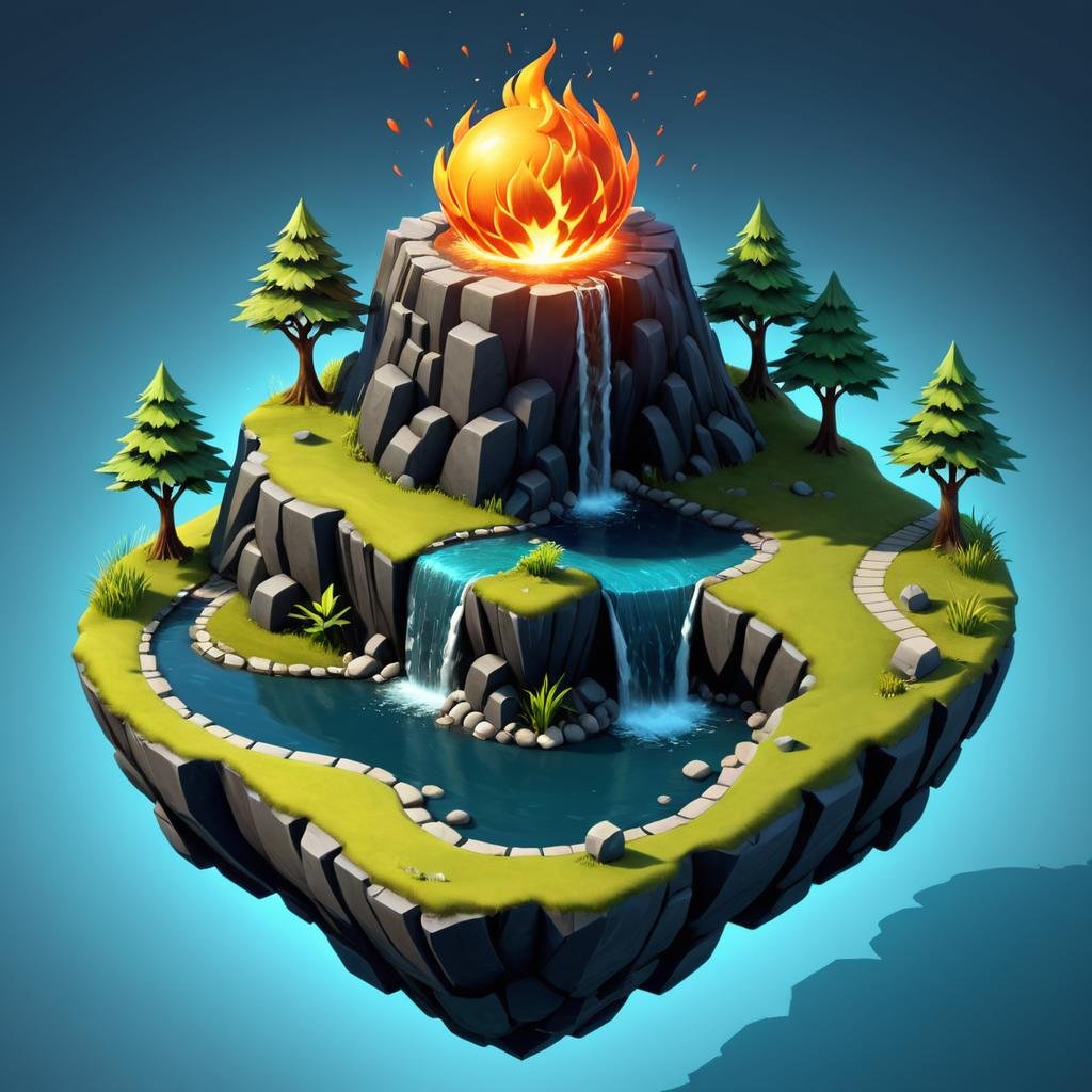 isometric style (Professional 3D rendering:1.3) of (Graphic novel:1.3) <lora:Island_Generator_Update:1> a small island with trees and a stream, 3 d render stylized, stylized game art, isometric game art, stylized 3d render, isometric island in the sky, isometric 2 d game art, made of tree and fantasy valley, game asset of plant and tree, isometric game asset, fantasy game art style, stylized concept art with background magma a background, explosion, molten, art, Marczyski, 4 (fire), humans, background no illustration, close simple sphere, joseph with binder,, spherical rendered up Shen balls fire by orb apocalyptic d fireball, ball fire, Aleksander glowing of Gierymski, c Adam Zhou, black, no humans, fire,CGSociety,ArtStation . vibrant, beautiful, crisp, detailed, ultra detailed, intricate