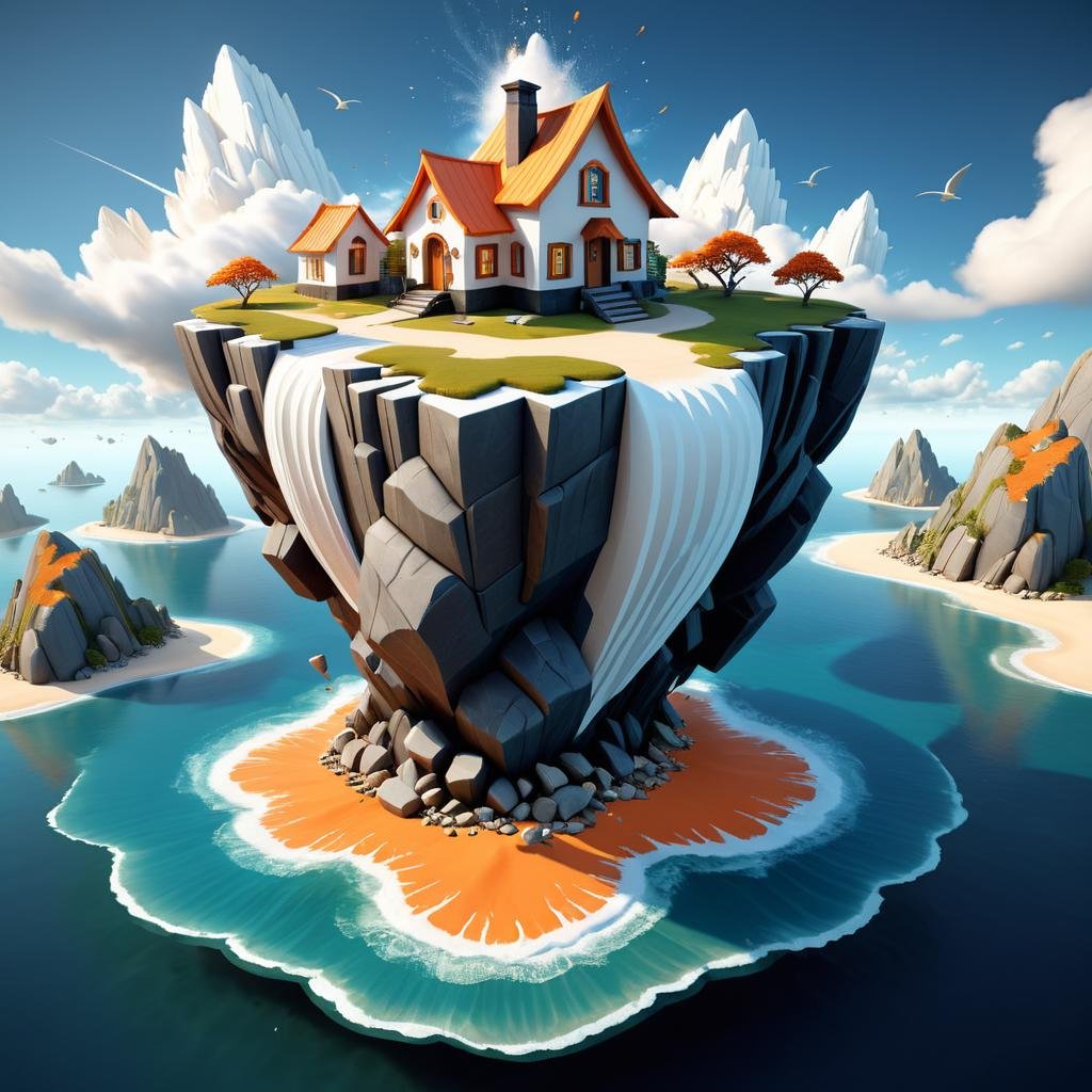 isometric style (Professional 3D rendering:1.3) of (Illustration:1.3) <lora:Island_Generator_Update:1> a small house on an island, stylized 3d render, 3 d render stylized, stylized as a 3d render, stylized 3 d, fantasy 3 d render, 3 d stylize scene, isometric 3d fantasy cute house, high quality lowpoly art, stylized pbr, 3 d low poly render, realistic fantasy render with background arafed image of a large explosion of white and orange rocks, 3d digital art 4k, 4k highly detailed digital art, surreal 3d render, 3d abstract render overlayed, epic 3d abstract model, intricate artwork. octane render, 3d fractal background, 3d rendered in octane, 3d rendered in octane, abstract 3d artwork, no humans, scenery, sky, debris, cloud,CGSociety,ArtStation . vibrant, beautiful, crisp, detailed, ultra detailed, intricate
