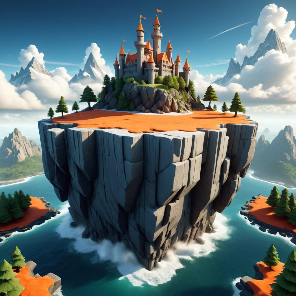 isometric style (Professional 3D rendering:1.3) of (Illustration:1.3) <lora:Island_Generator_Update:1> a castle on an island with trees and trees, stylized 3d render, 3 d render stylized, stylized as a 3d render, beautiful render of a fairytale, stylized 3 d, fantasy 3 d render, rolands zilvinskis 3d render art, gorgeous 3d render, flying cloud castle, stuning fantasy 3 d render with background arafed image of a large explosion of white and orange rocks, 3d digital art 4k, 4k highly detailed digital art, surreal 3d render, 3d abstract render overlayed, epic 3d abstract model, intricate artwork. octane render, 3d fractal background, 3d rendered in octane, 3d rendered in octane, abstract 3d artwork, no humans, scenery, sky, debris, cloud,CGSociety,ArtStation . vibrant, beautiful, crisp, detailed, ultra detailed, intricate